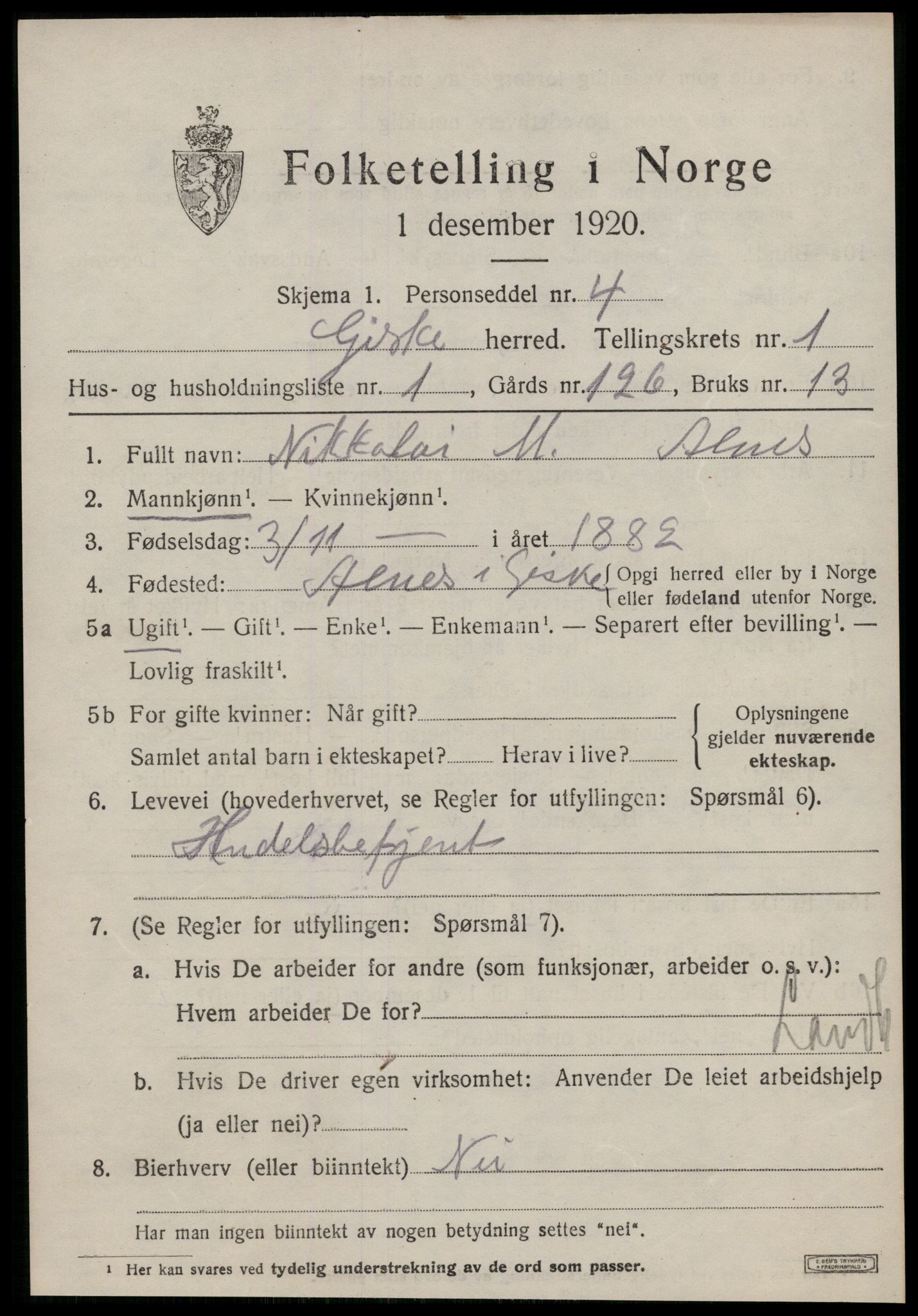 SAT, 1920 census for Giske, 1920, p. 520