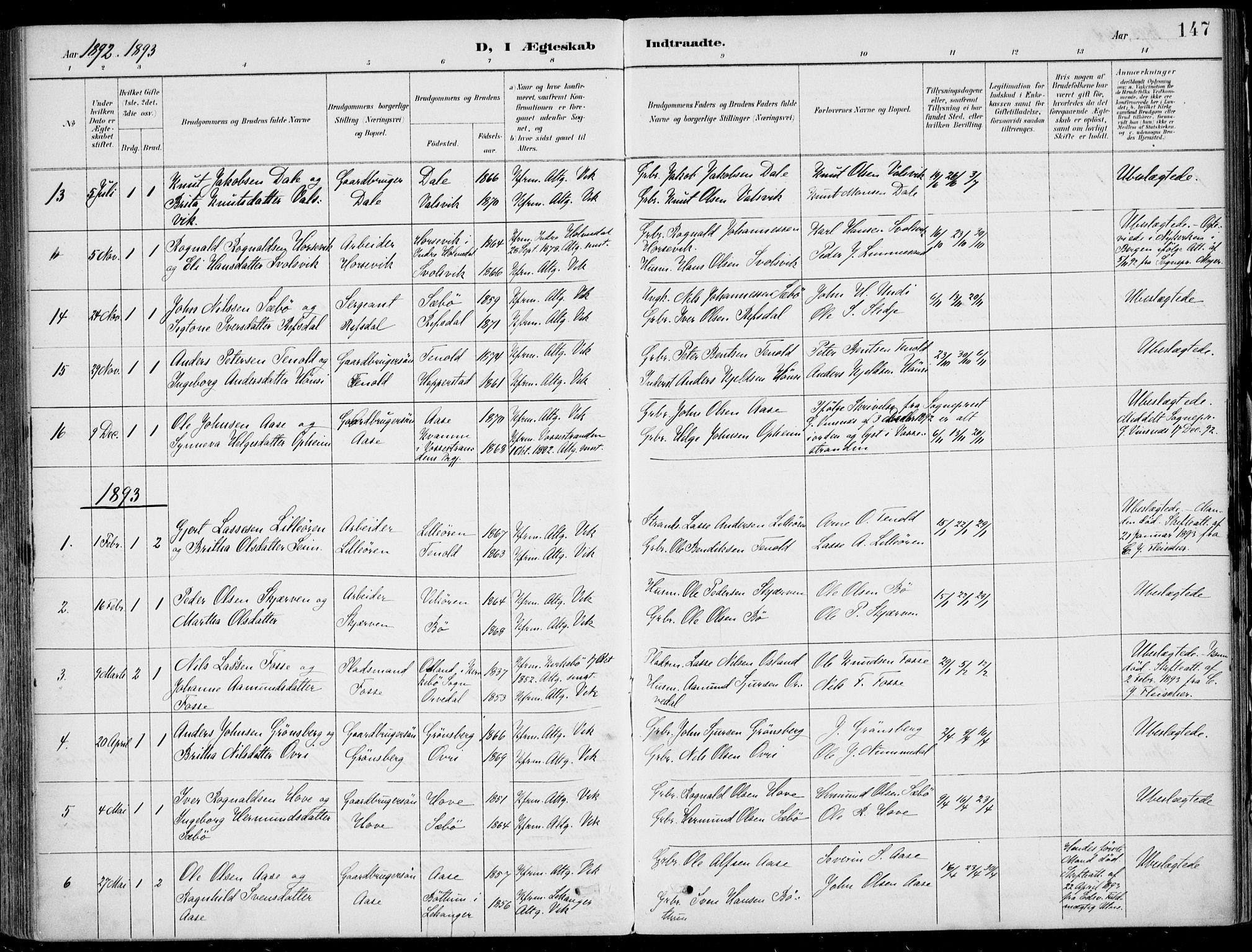 Vik sokneprestembete, AV/SAB-A-81501/H/Haa/Haab/L0002: Parish register (official) no. B  2, 1891-1907, p. 147