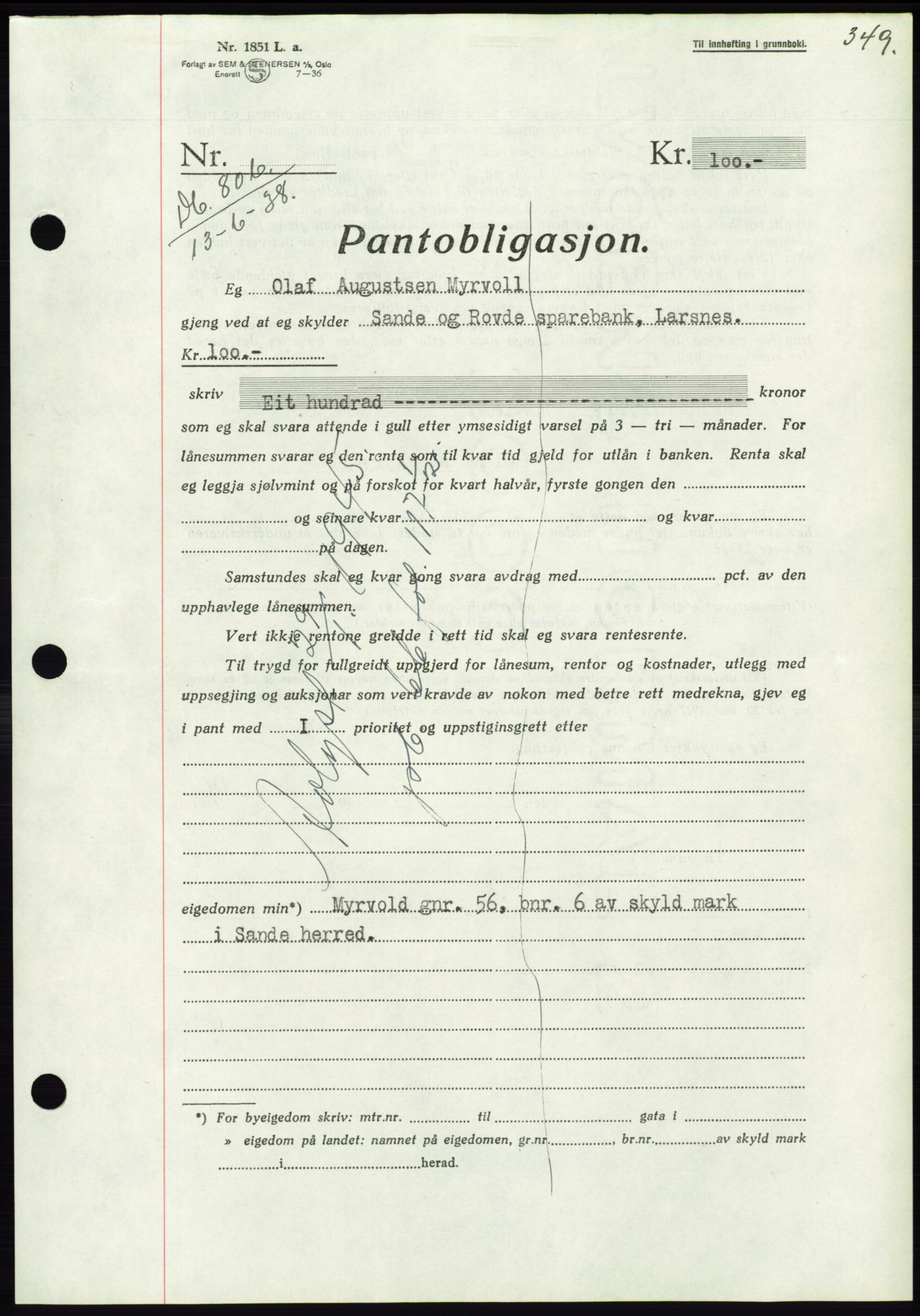 Søre Sunnmøre sorenskriveri, AV/SAT-A-4122/1/2/2C/L0065: Mortgage book no. 59, 1938-1938, Diary no: : 806/1938