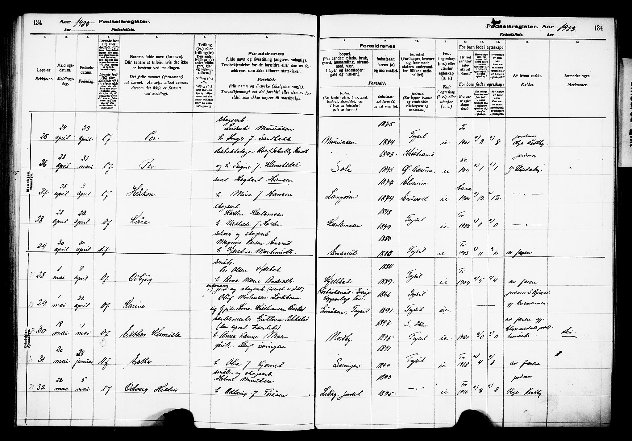 Trysil prestekontor, AV/SAH-PREST-046/I/Id/Ida/L0001: Birth register no. I 1, 1916-1927, p. 134