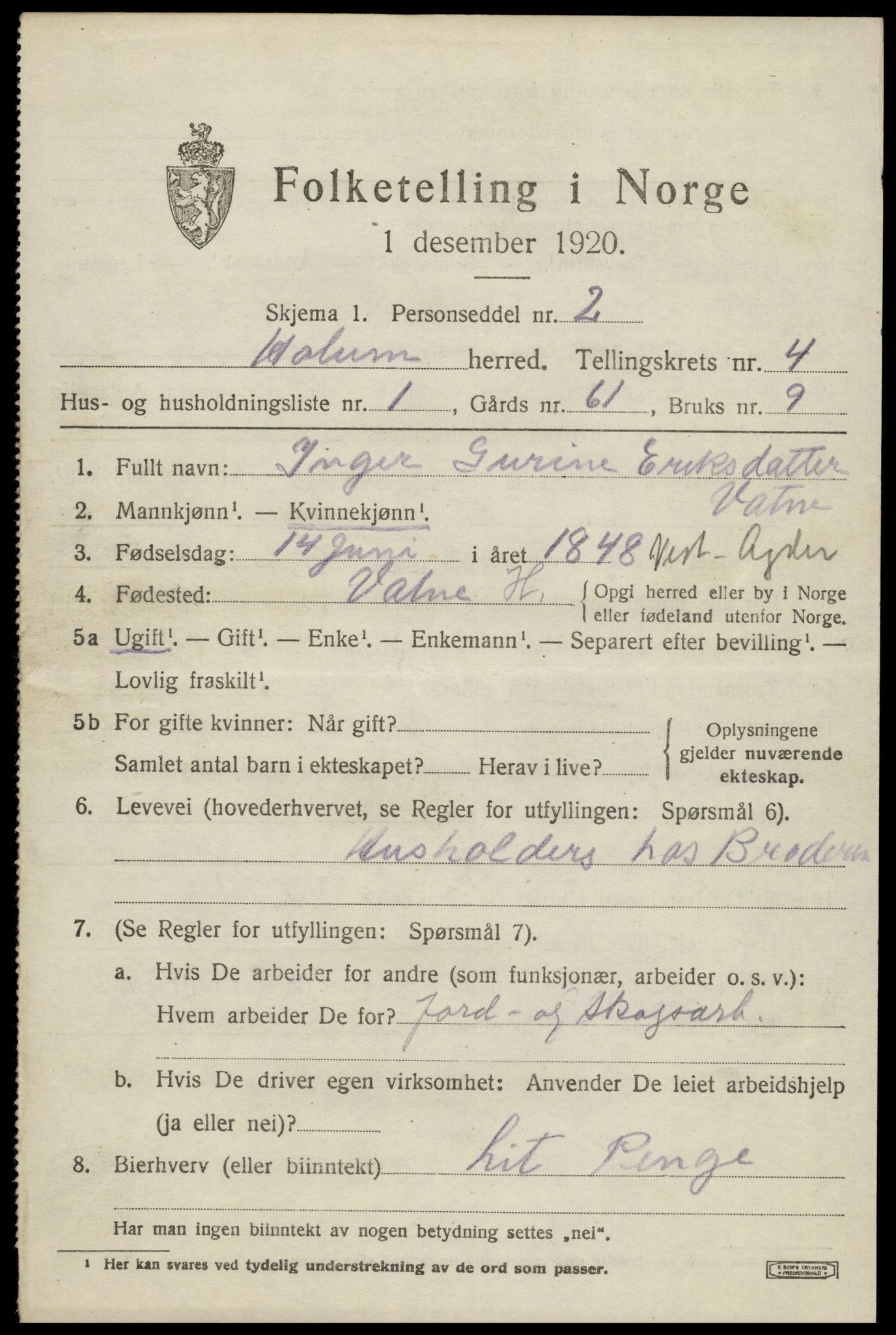 SAK, 1920 census for Holum, 1920, p. 1943