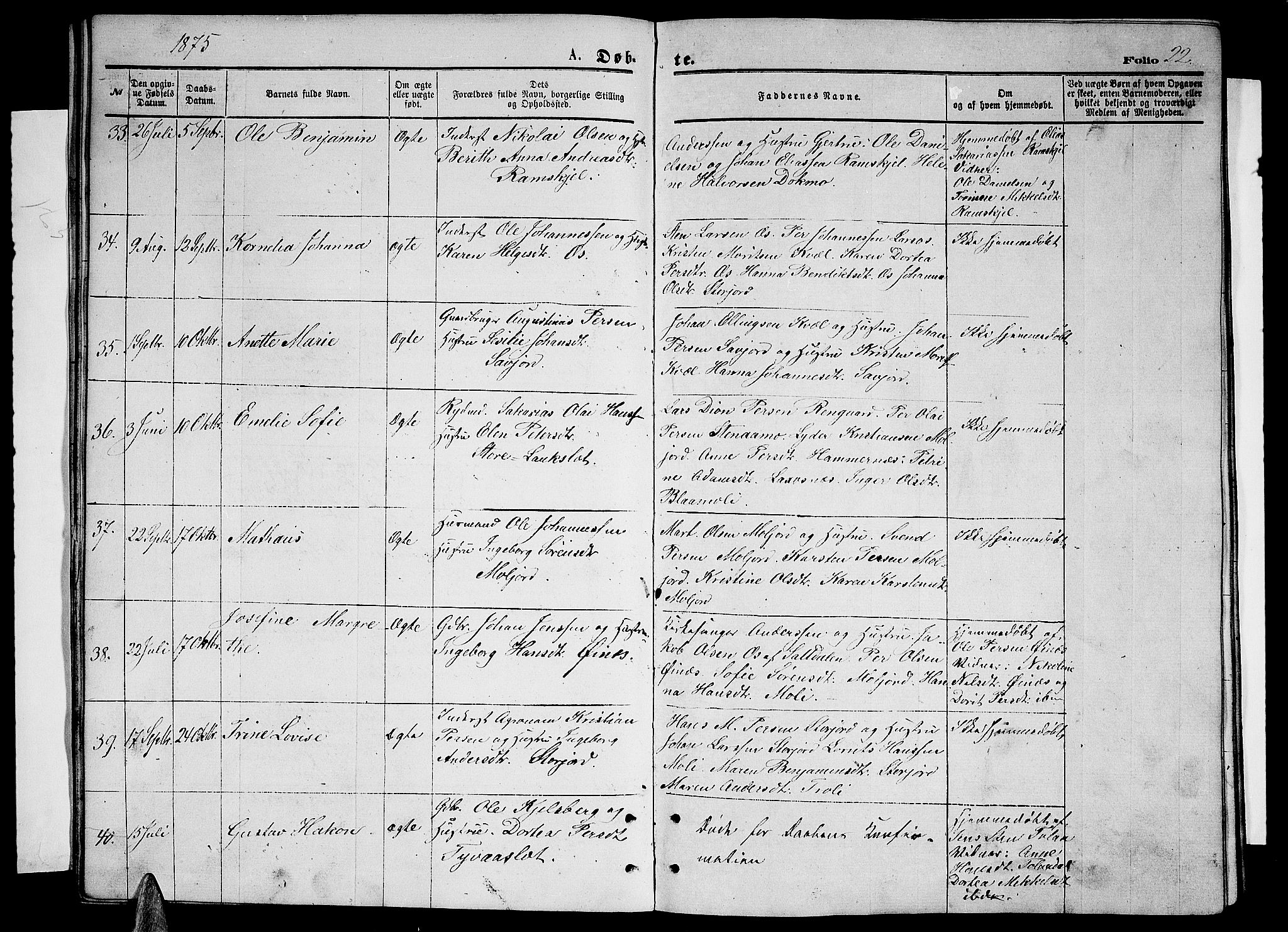 Ministerialprotokoller, klokkerbøker og fødselsregistre - Nordland, SAT/A-1459/846/L0653: Parish register (copy) no. 846C03, 1872-1887, p. 22