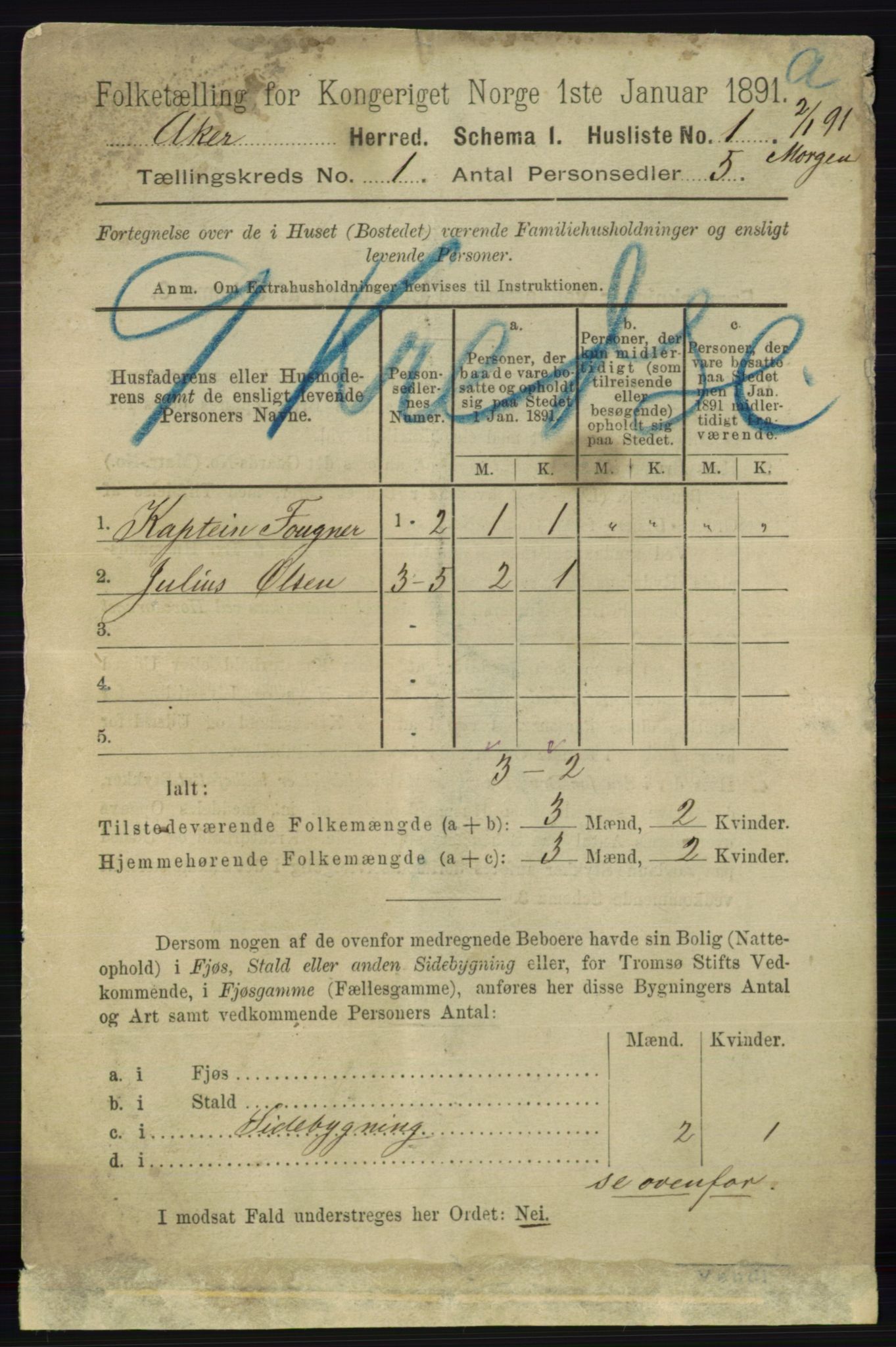 RA, 1891 census for 0218 Aker, 1891, p. 62