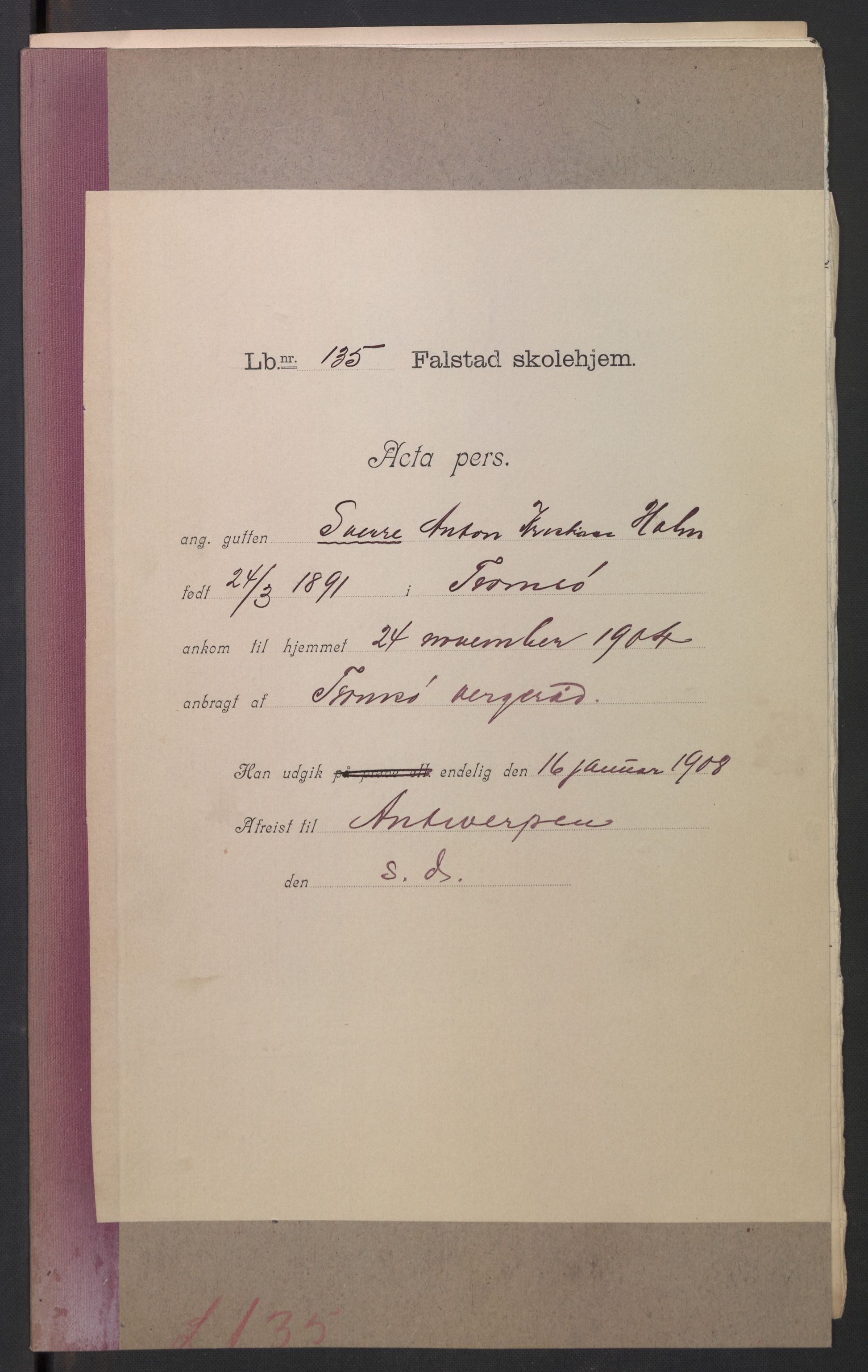 Falstad skolehjem, RA/S-1676/E/Eb/L0006: Elevmapper løpenr. 121-145, 1903-1910, p. 210