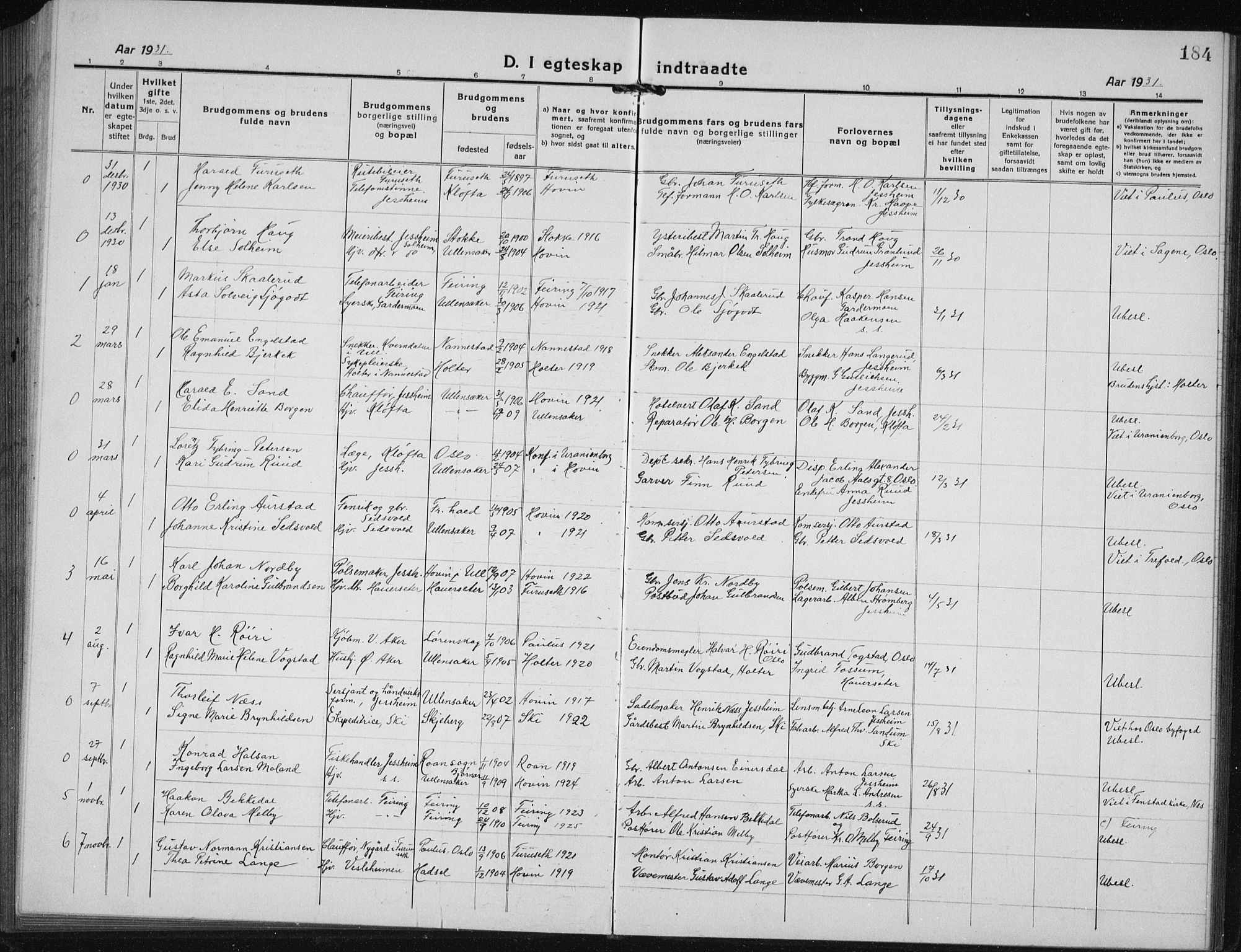 Ullensaker prestekontor Kirkebøker, AV/SAO-A-10236a/G/Gb/L0002: Parish register (copy) no. II 2, 1917-1941, p. 184