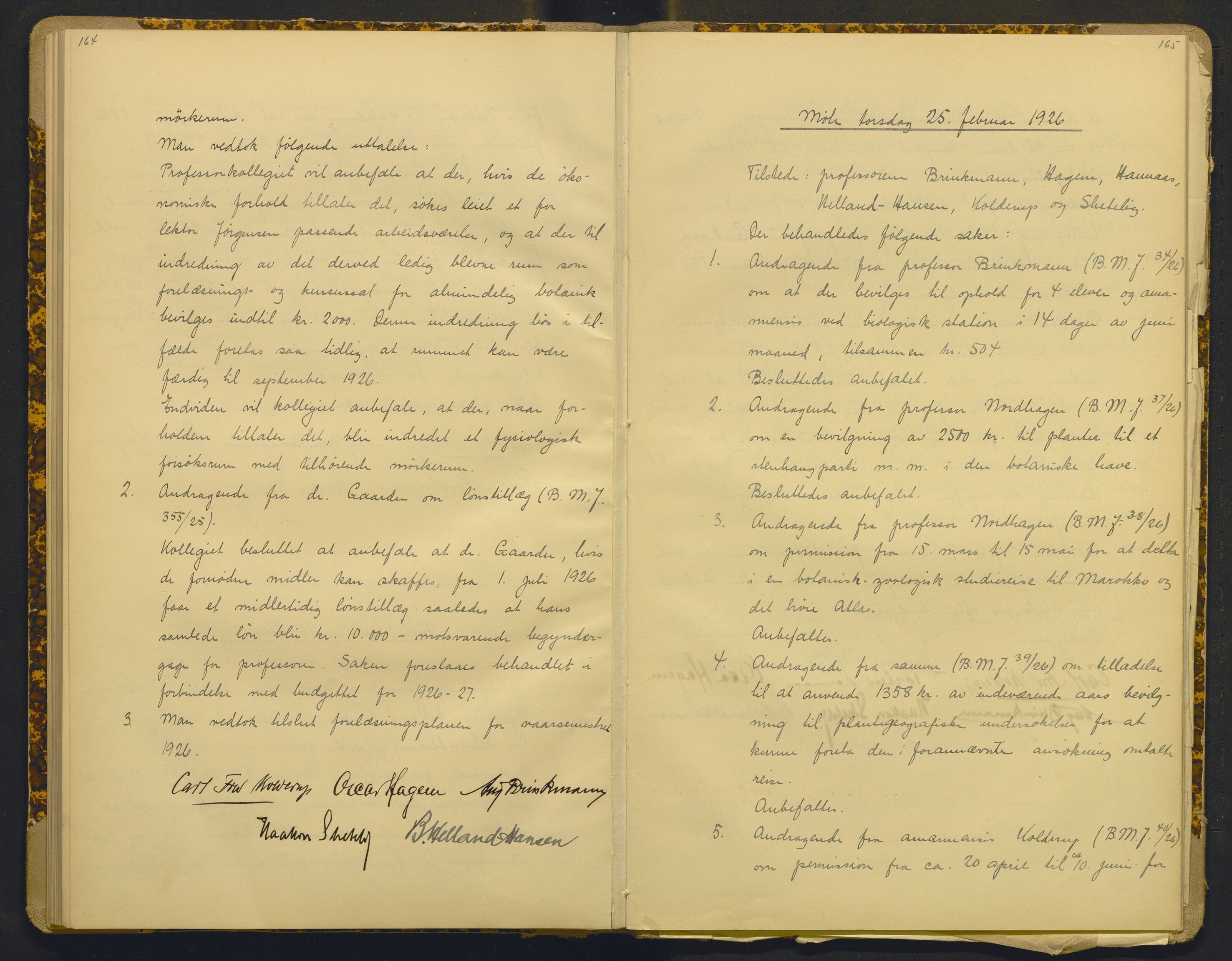 Bergens Museum, AV/SAB-A-17301/18/A/L0001: Bestyrerkollegiets forhandlingsprotokoll med register , 1907-1927, p. 164-165