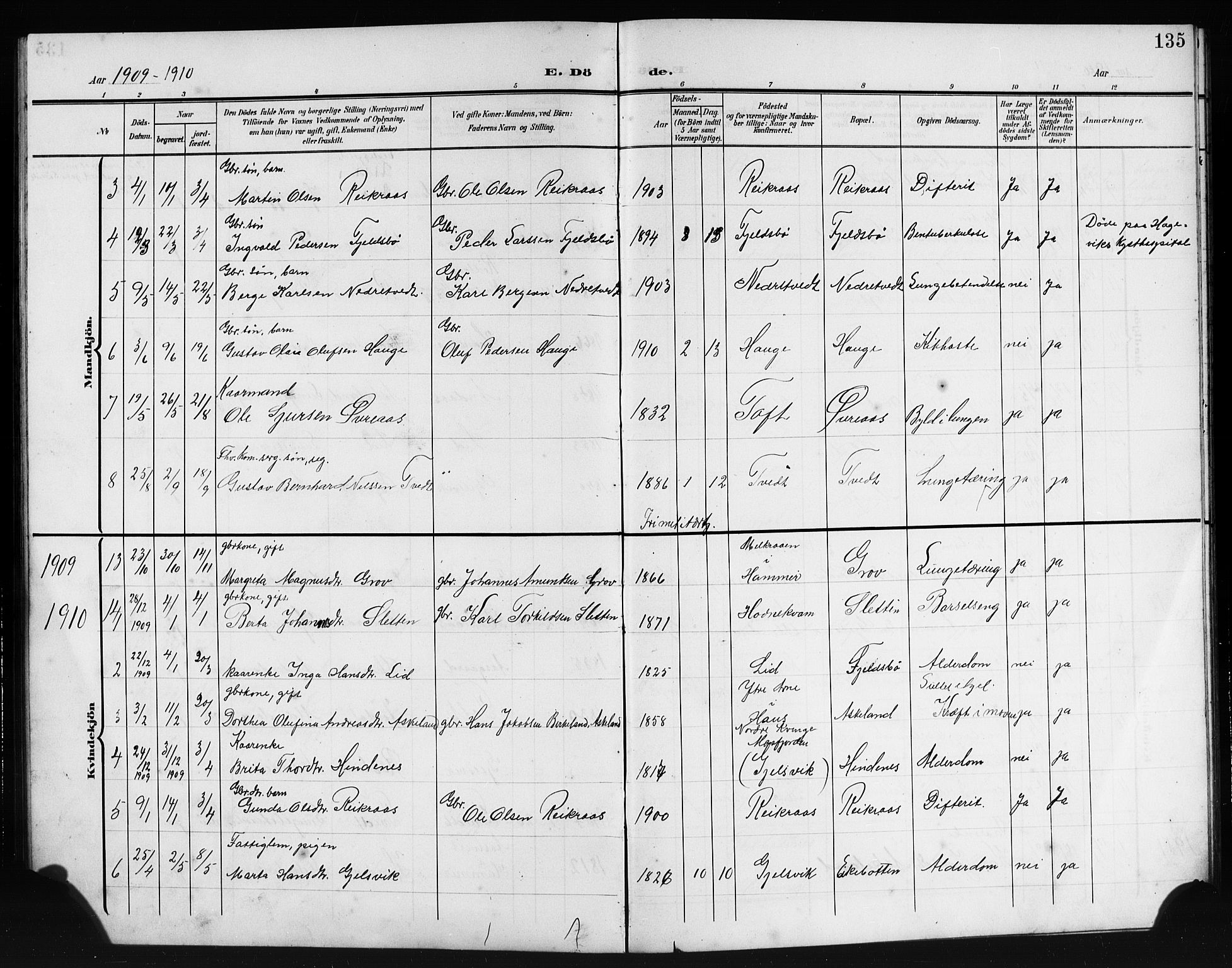 Lindås Sokneprestembete, SAB/A-76701/H/Hab: Parish register (copy) no. E 4, 1906-1921, p. 135