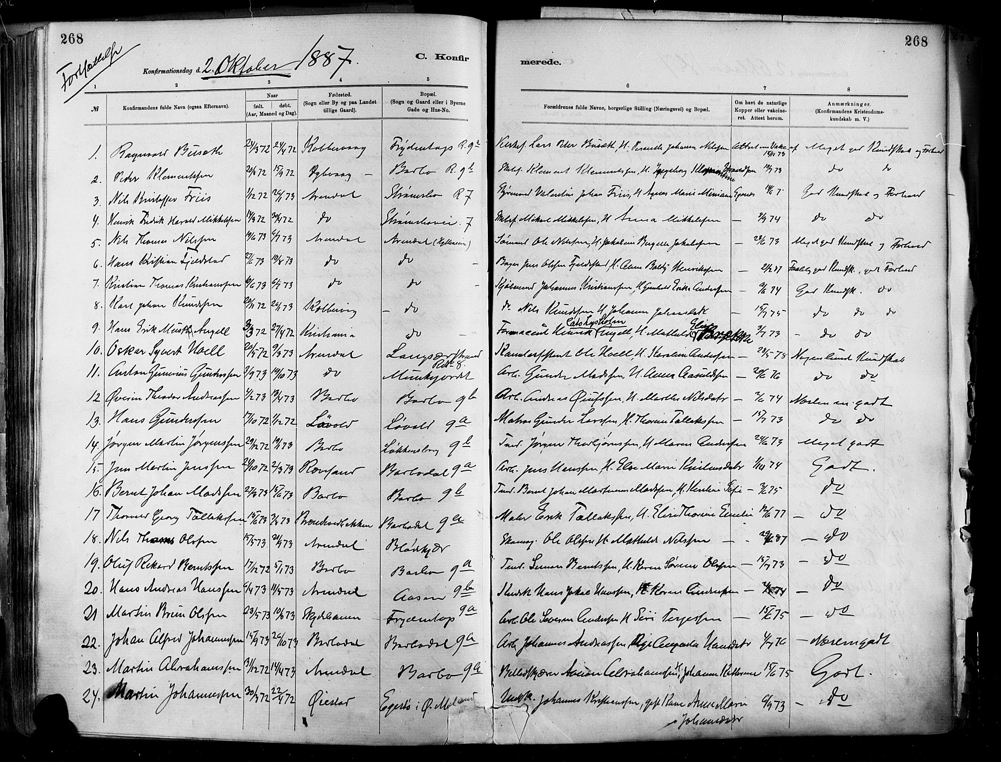 Barbu sokneprestkontor, SAK/1111-0003/F/Fa/L0002: Parish register (official) no. A 2, 1883-1898, p. 268
