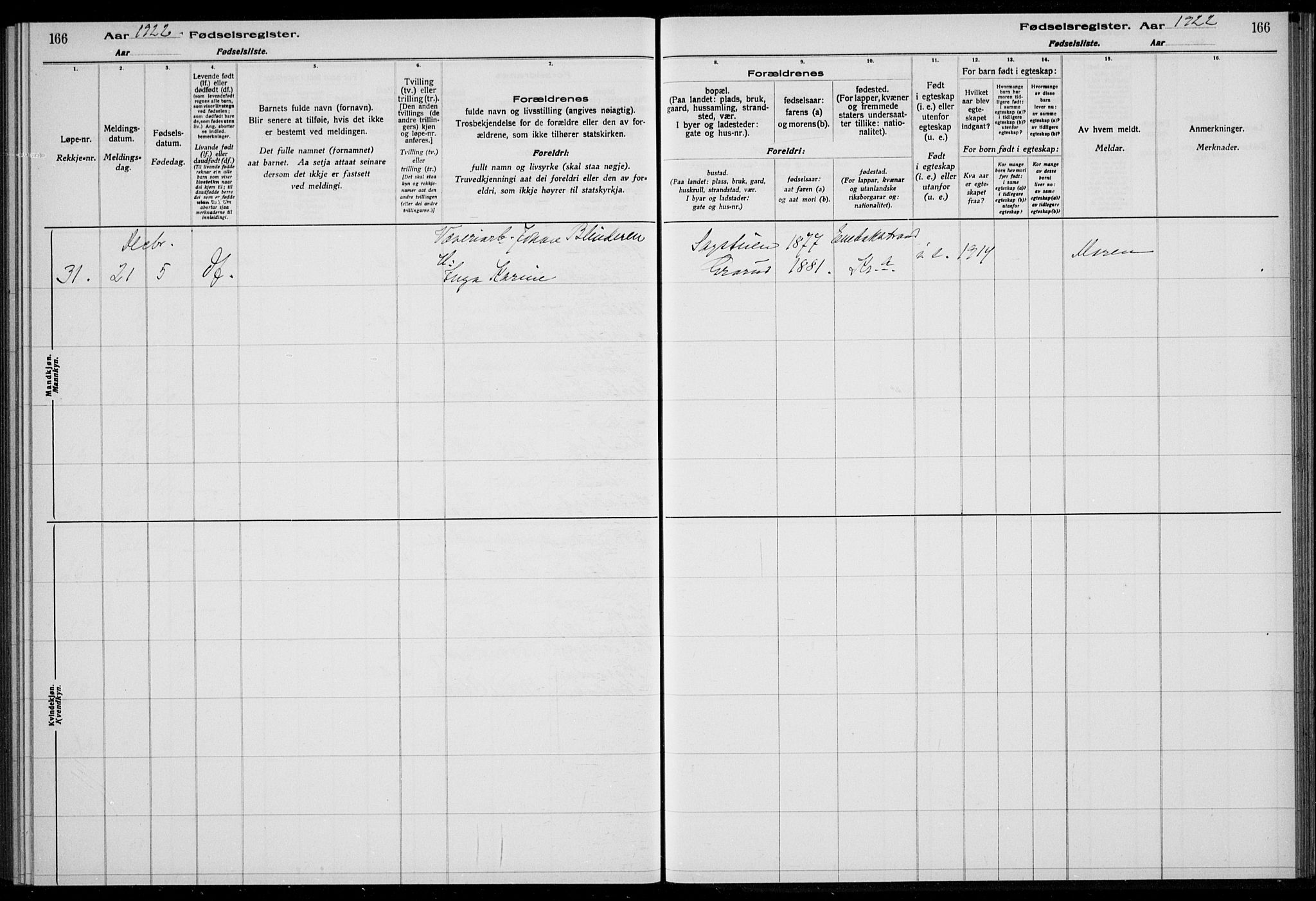 Rikshospitalet prestekontor Kirkebøker, AV/SAO-A-10309b/J/L0007: Birth register no. 7, 1922-1922, p. 166