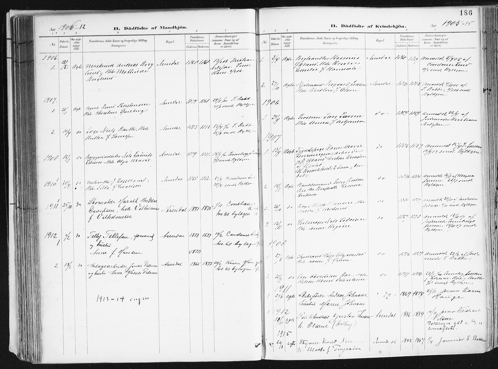 Arendal sokneprestkontor, Trefoldighet, SAK/1111-0040/F/Fa/L0010: Parish register (official) no. A 10, 1900-1919, p. 186
