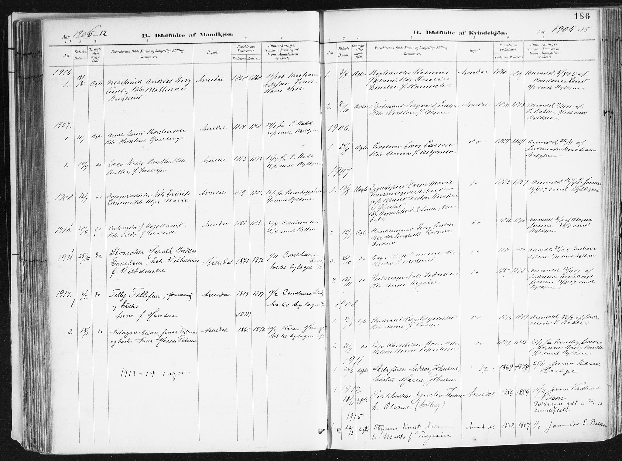 Arendal sokneprestkontor, Trefoldighet, AV/SAK-1111-0040/F/Fa/L0010: Parish register (official) no. A 10, 1900-1919, p. 186