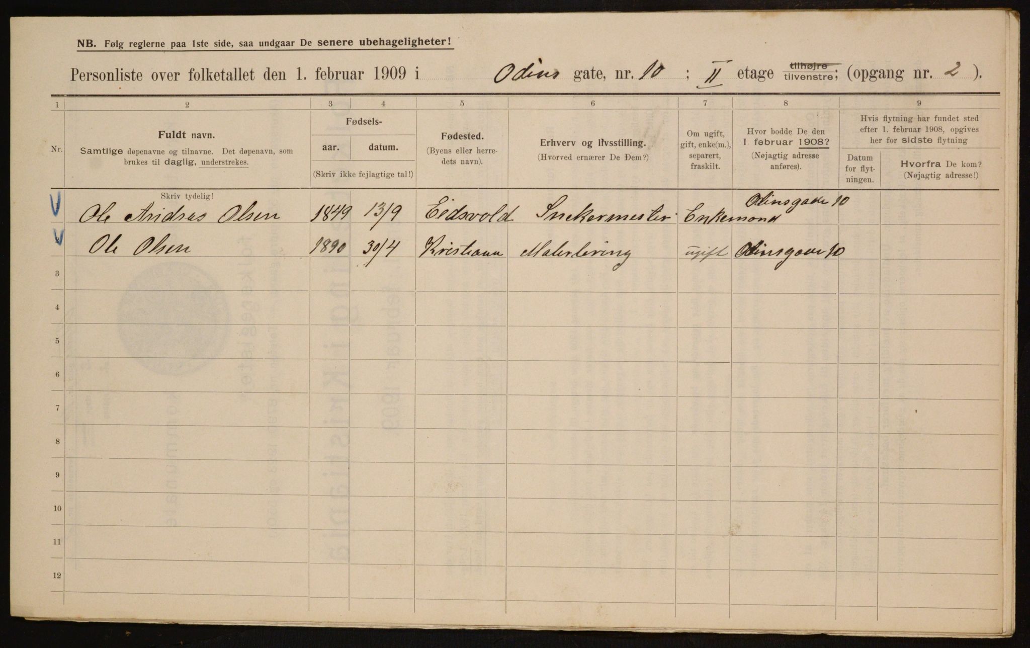 OBA, Municipal Census 1909 for Kristiania, 1909, p. 67673