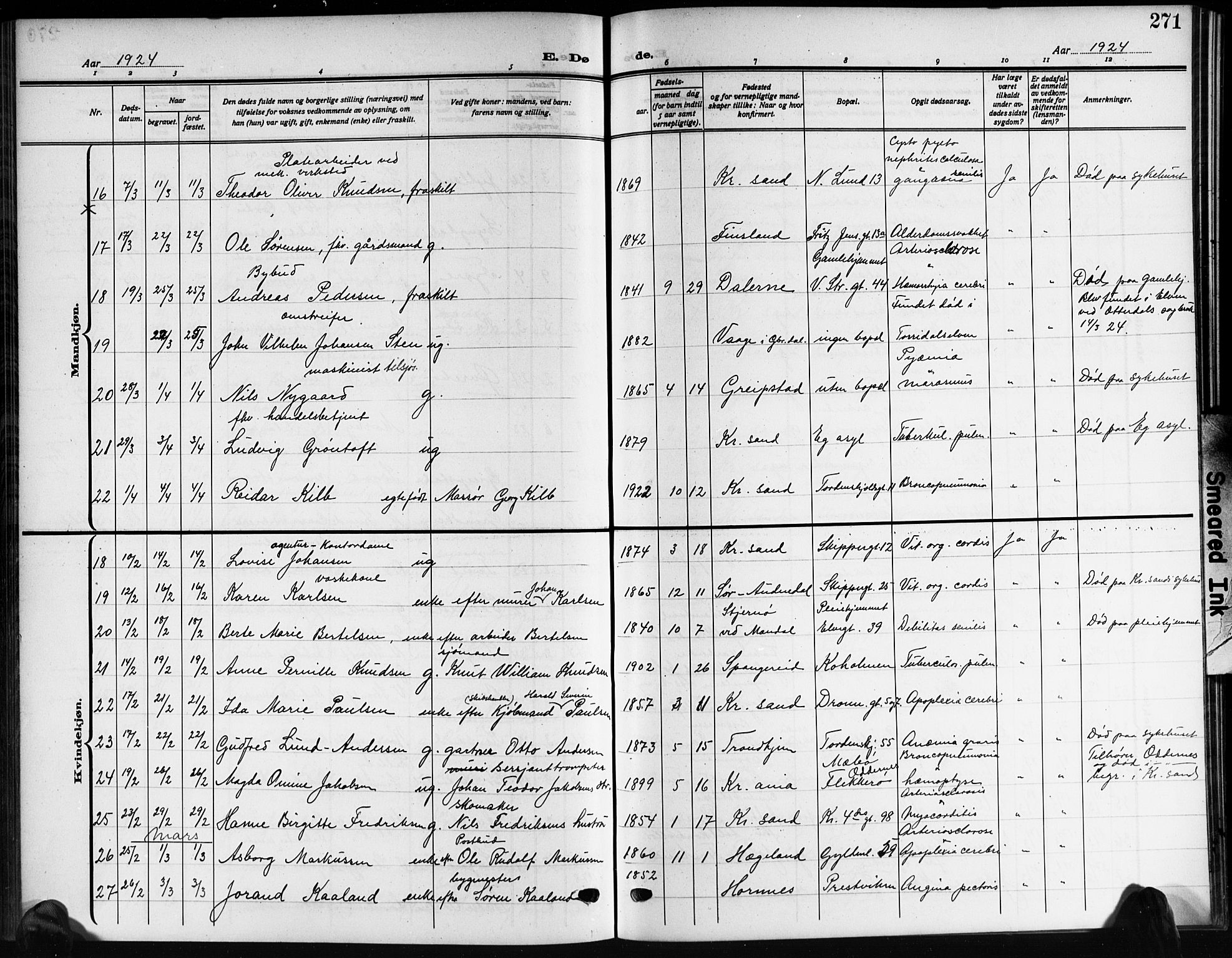 Kristiansand domprosti, SAK/1112-0006/F/Fb/L0022: Parish register (copy) no. B 22, 1915-1925, p. 271