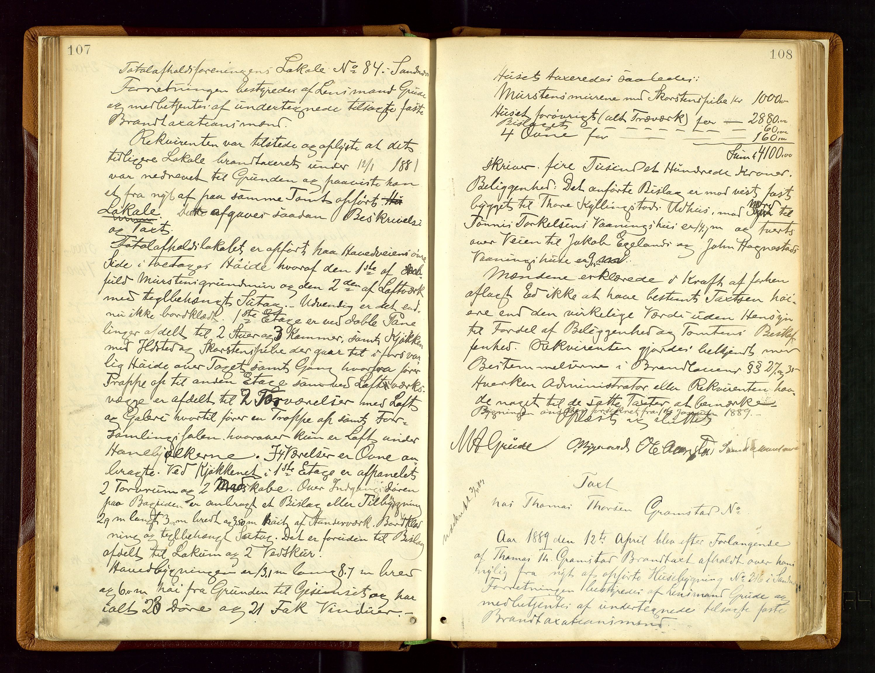 Høyland/Sandnes lensmannskontor, AV/SAST-A-100166/Goc/L0001: "Brandtaxtprotokol", 1886-1896, p. 107-108