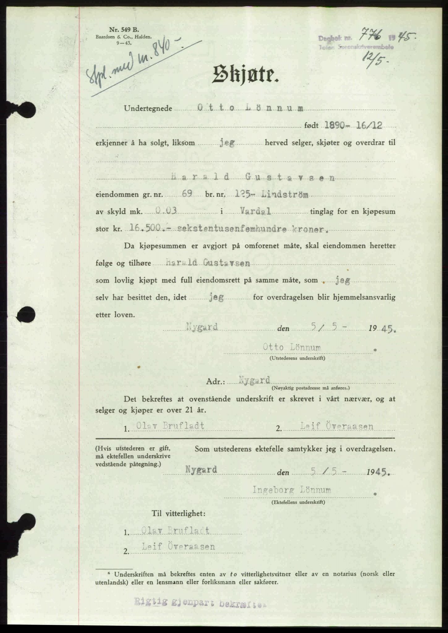 Toten tingrett, SAH/TING-006/H/Hb/Hbc/L0013: Mortgage book no. Hbc-13, 1945-1945, Diary no: : 776/1945