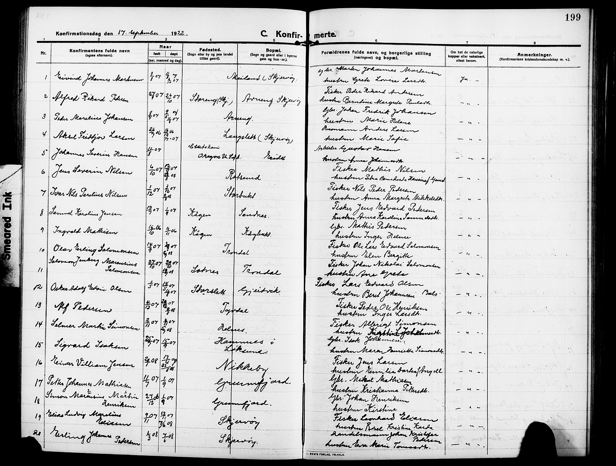 Skjervøy sokneprestkontor, AV/SATØ-S-1300/H/Ha/Hab/L0009klokker: Parish register (copy) no. 9, 1911-1926, p. 199