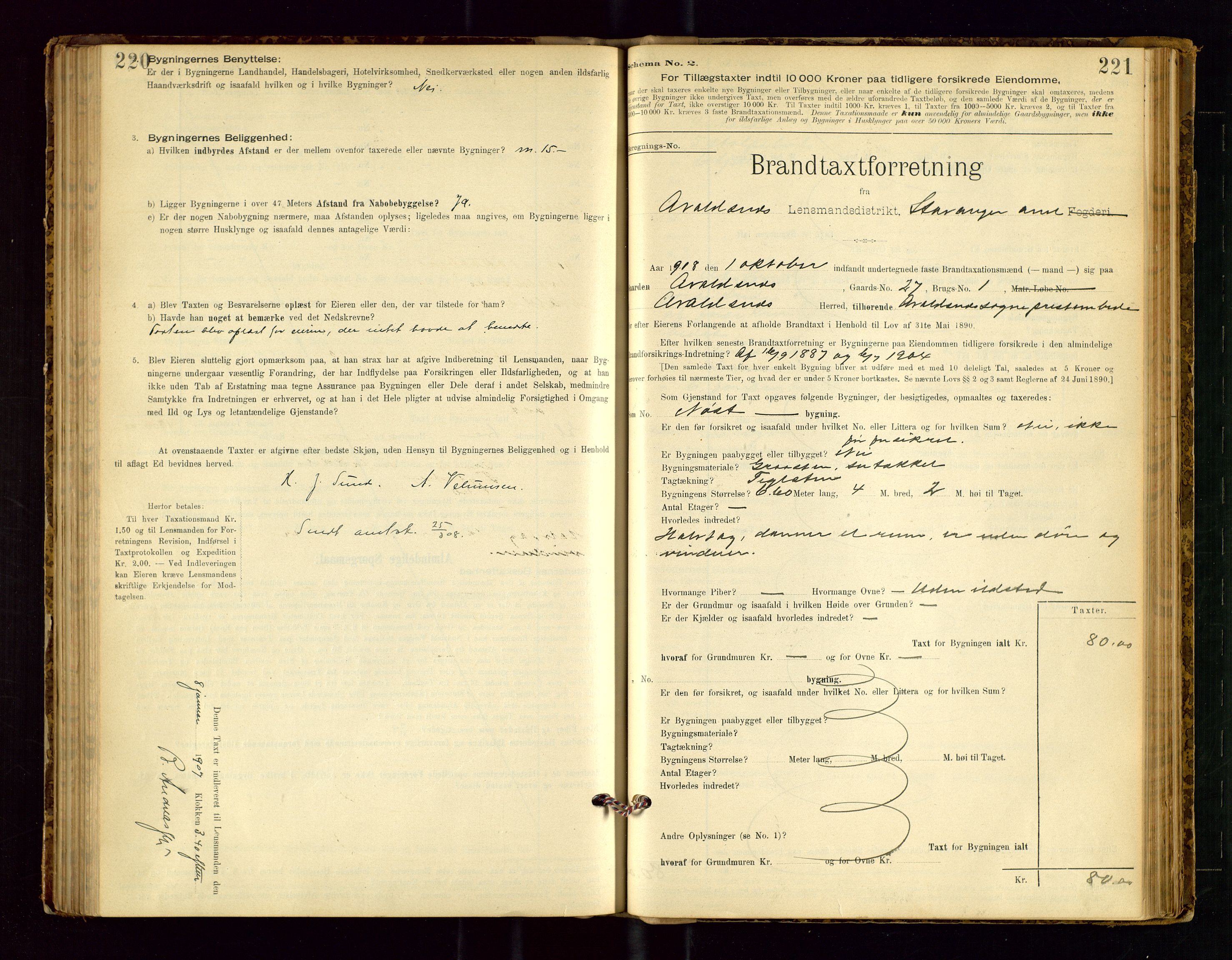 Avaldsnes lensmannskontor, SAST/A-100286/Gob/L0001: "Brandtaxationsprotokol for Avaldsnes Lensmandsdistrikt Ryfylke Fogderi", 1894-1925, p. 220-221
