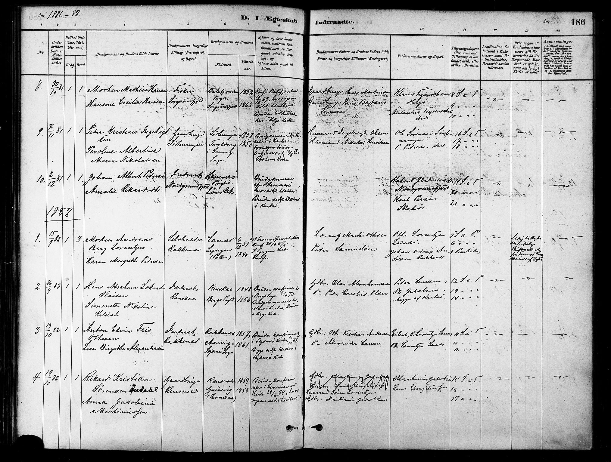 Karlsøy sokneprestembete, SATØ/S-1299/H/Ha/Haa/L0006kirke: Parish register (official) no. 6, 1879-1890, p. 186