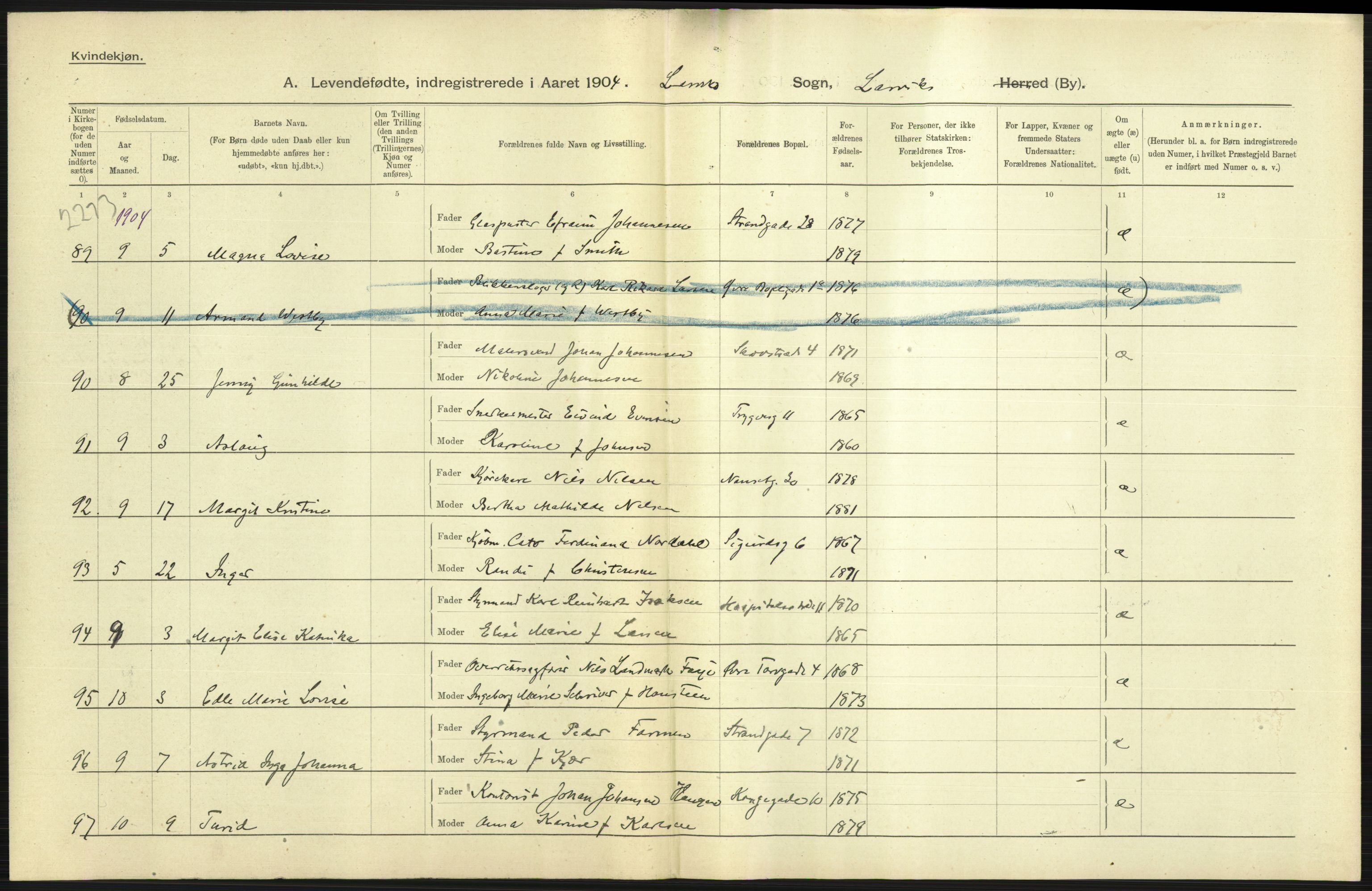 Statistisk sentralbyrå, Sosiodemografiske emner, Befolkning, AV/RA-S-2228/D/Df/Dfa/Dfab/L0008: Jarlsberg og Larvig amt: Fødte, gifte, døde, 1904, p. 267