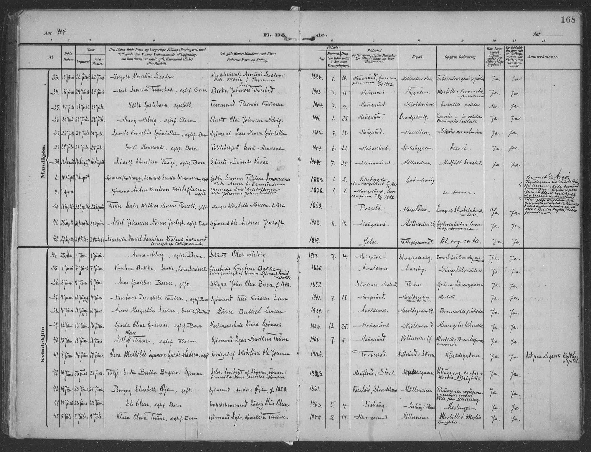 Haugesund sokneprestkontor, AV/SAST-A -101863/H/Ha/Haa/L0007: Parish register (official) no. A 7, 1904-1916, p. 168