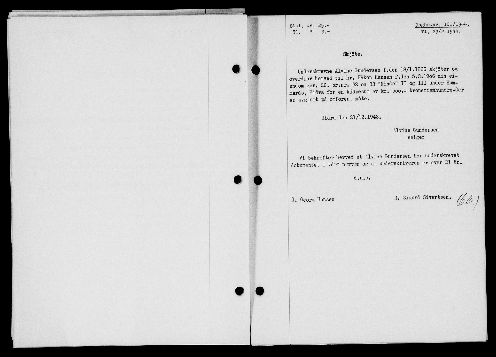 Flekkefjord sorenskriveri, SAK/1221-0001/G/Gb/Gba/L0059: Mortgage book no. A-7, 1944-1945, Diary no: : 161/1944
