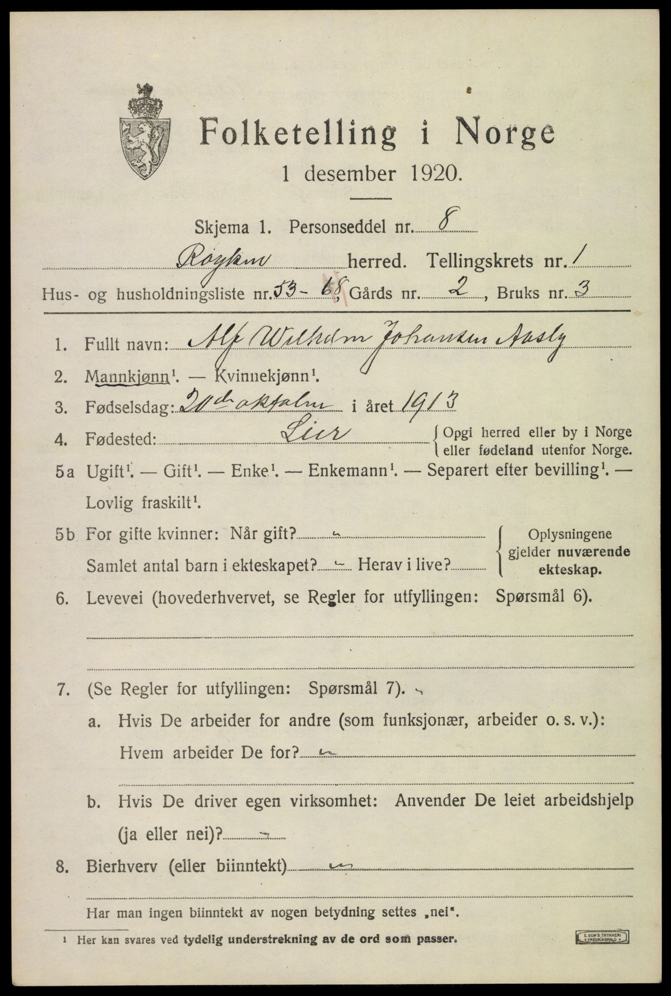 SAKO, 1920 census for Røyken, 1920, p. 2462