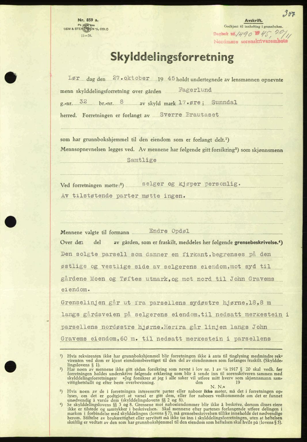 Nordmøre sorenskriveri, AV/SAT-A-4132/1/2/2Ca: Mortgage book no. A100a, 1945-1945, Diary no: : 1490/1945