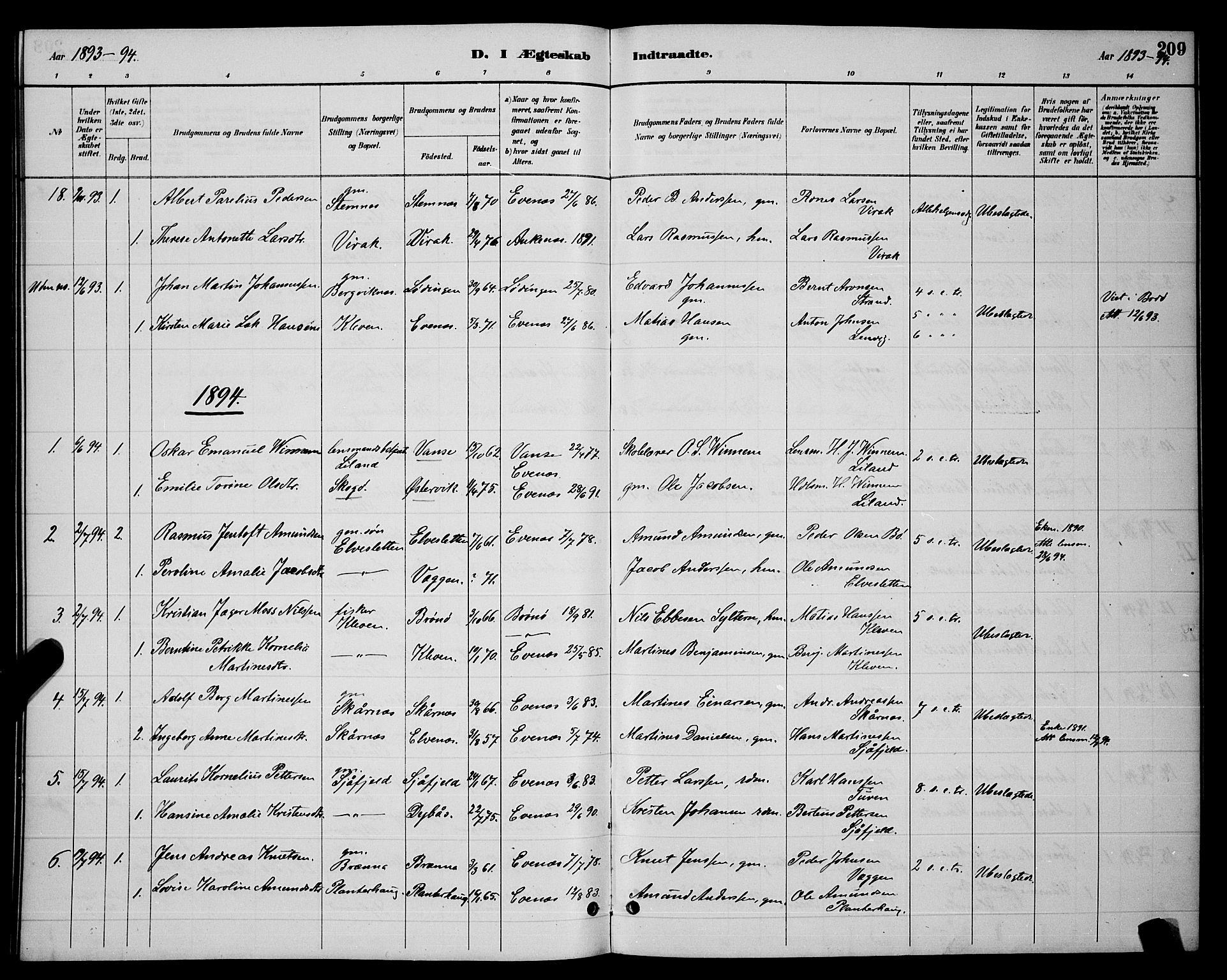 Ministerialprotokoller, klokkerbøker og fødselsregistre - Nordland, SAT/A-1459/863/L0914: Parish register (copy) no. 863C04, 1886-1897, p. 209