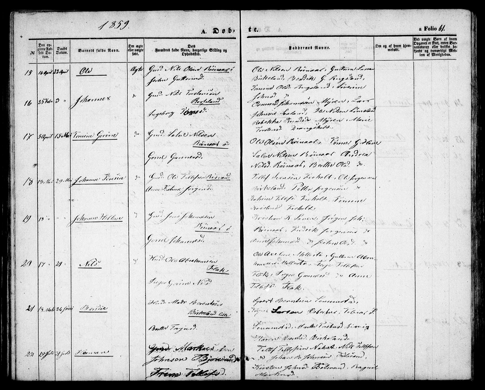 Birkenes sokneprestkontor, AV/SAK-1111-0004/F/Fb/L0002: Parish register (copy) no. B 2, 1849-1876, p. 61