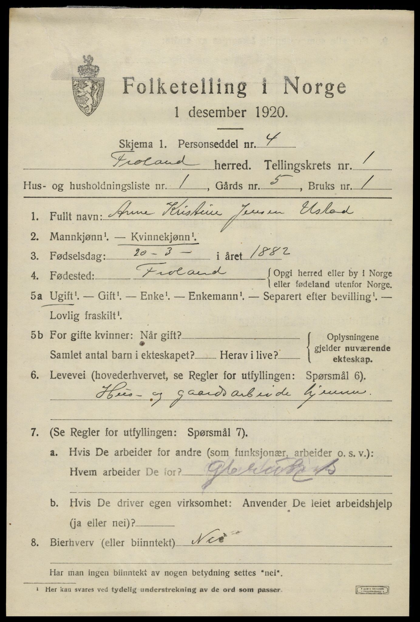 SAK, 1920 census for Froland, 1920, p. 969