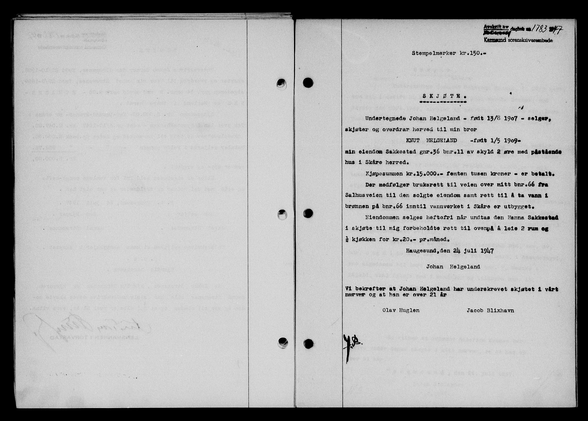 Karmsund sorenskriveri, SAST/A-100311/01/II/IIB/L0090: Mortgage book no. 70A, 1947-1947, Diary no: : 1783/1947