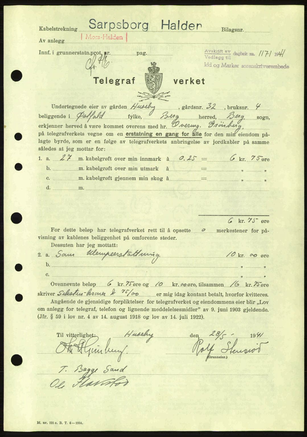 Idd og Marker sorenskriveri, AV/SAO-A-10283/G/Gb/Gbb/L0004: Mortgage book no. A4, 1940-1941, Diary no: : 1171/1941