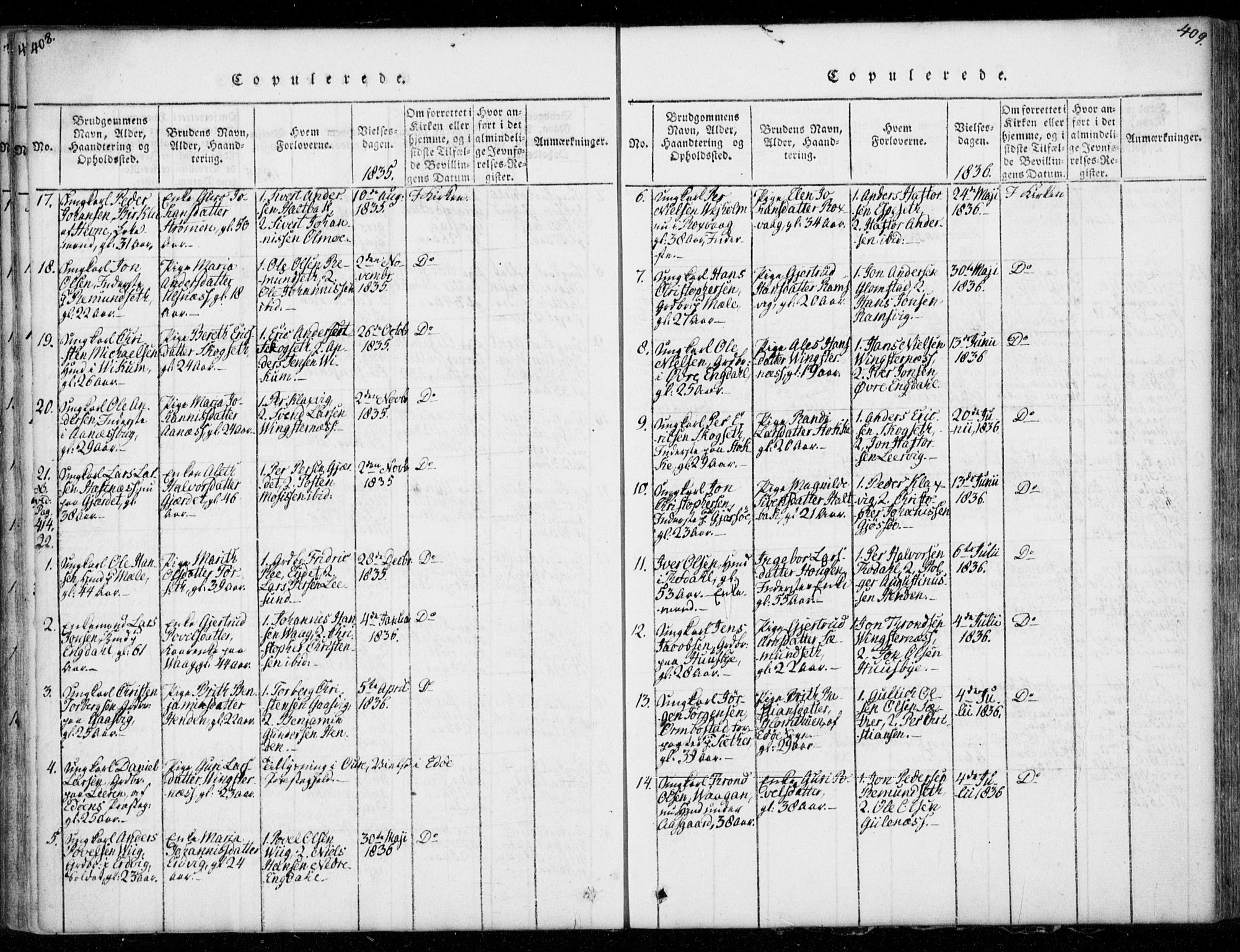 Ministerialprotokoller, klokkerbøker og fødselsregistre - Møre og Romsdal, AV/SAT-A-1454/578/L0903: Parish register (official) no. 578A02, 1819-1838, p. 408-409