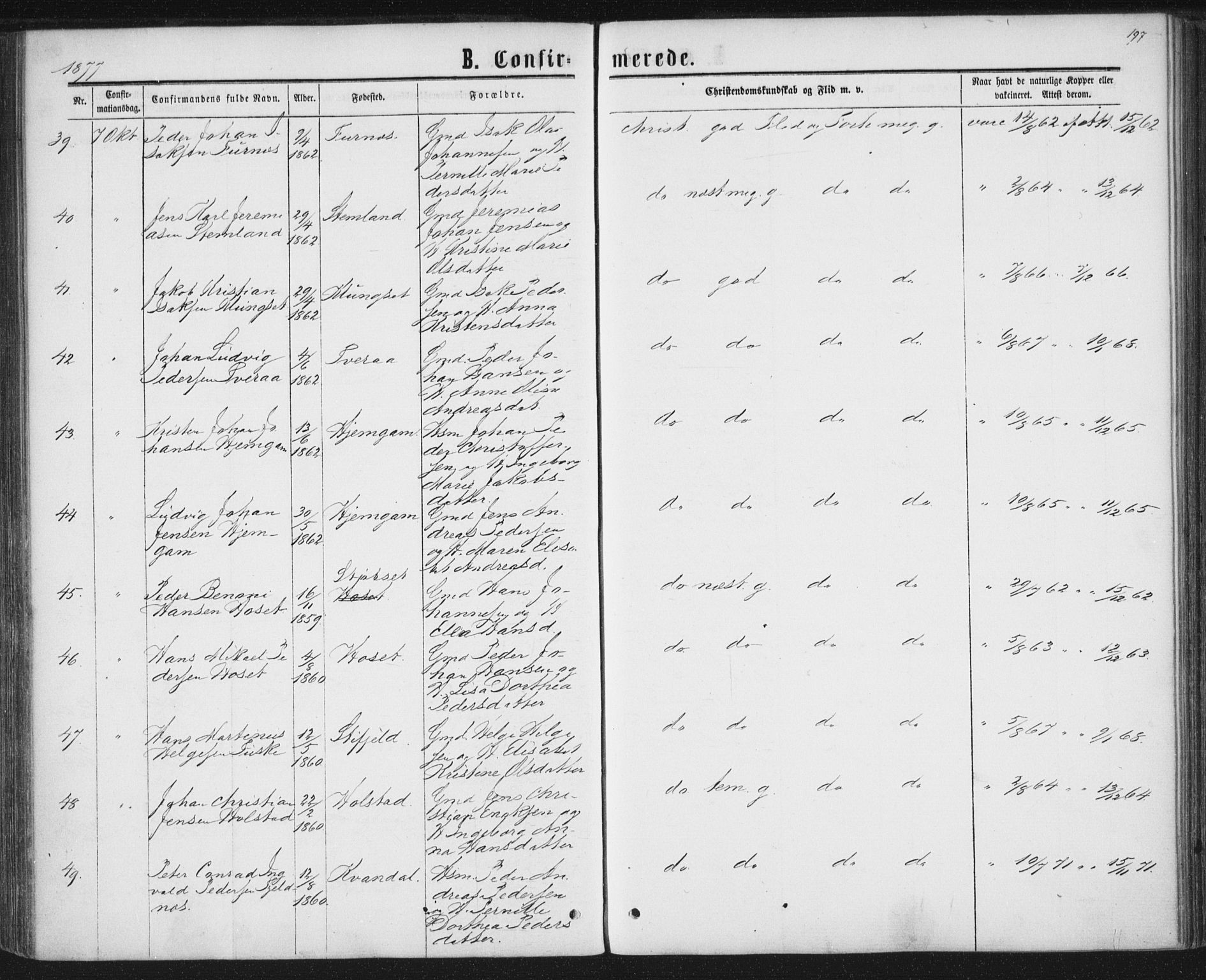 Ministerialprotokoller, klokkerbøker og fødselsregistre - Nordland, AV/SAT-A-1459/852/L0739: Parish register (official) no. 852A09, 1866-1877, p. 197