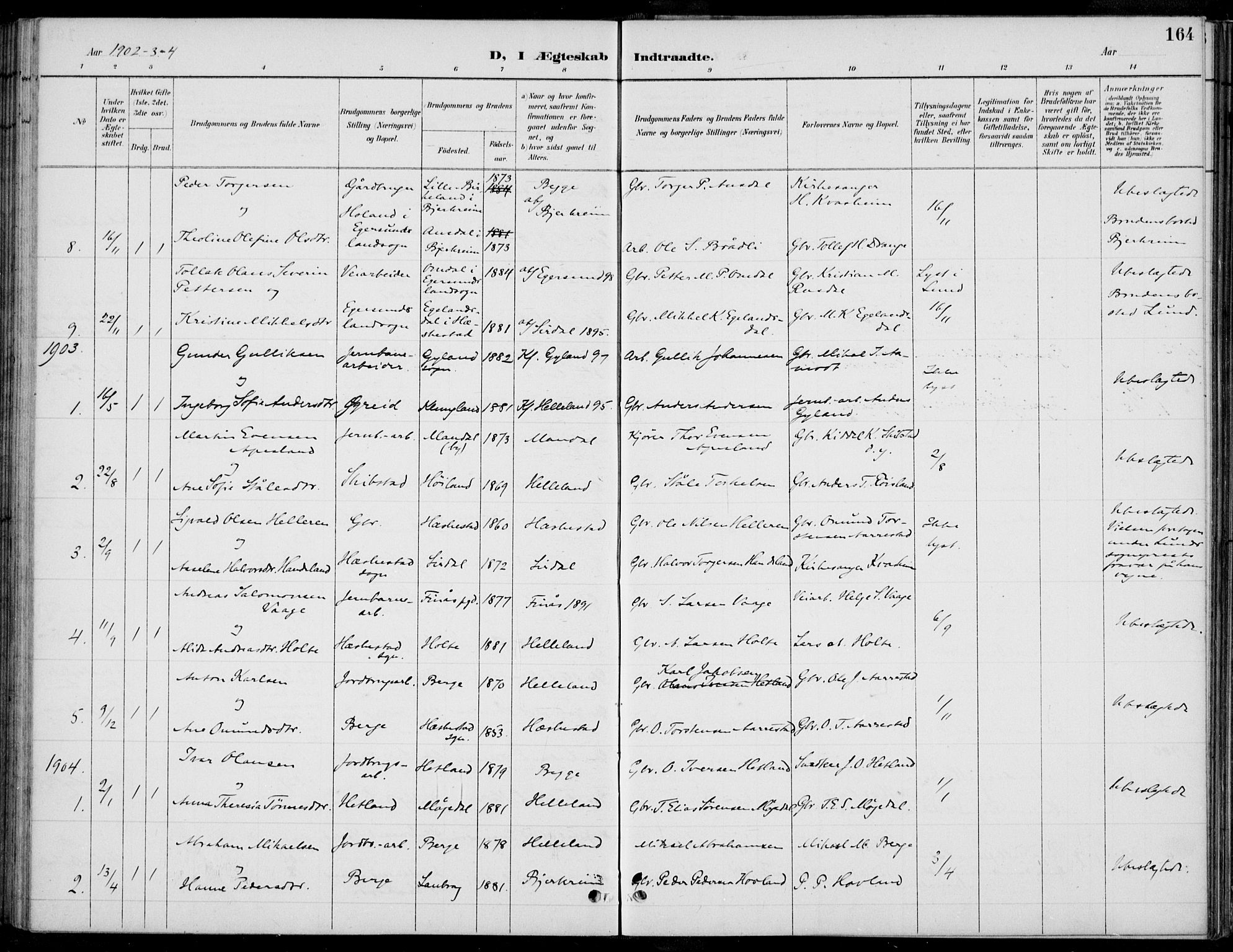 Helleland sokneprestkontor, SAST/A-101810: Parish register (copy) no. B 4, 1887-1941, p. 164