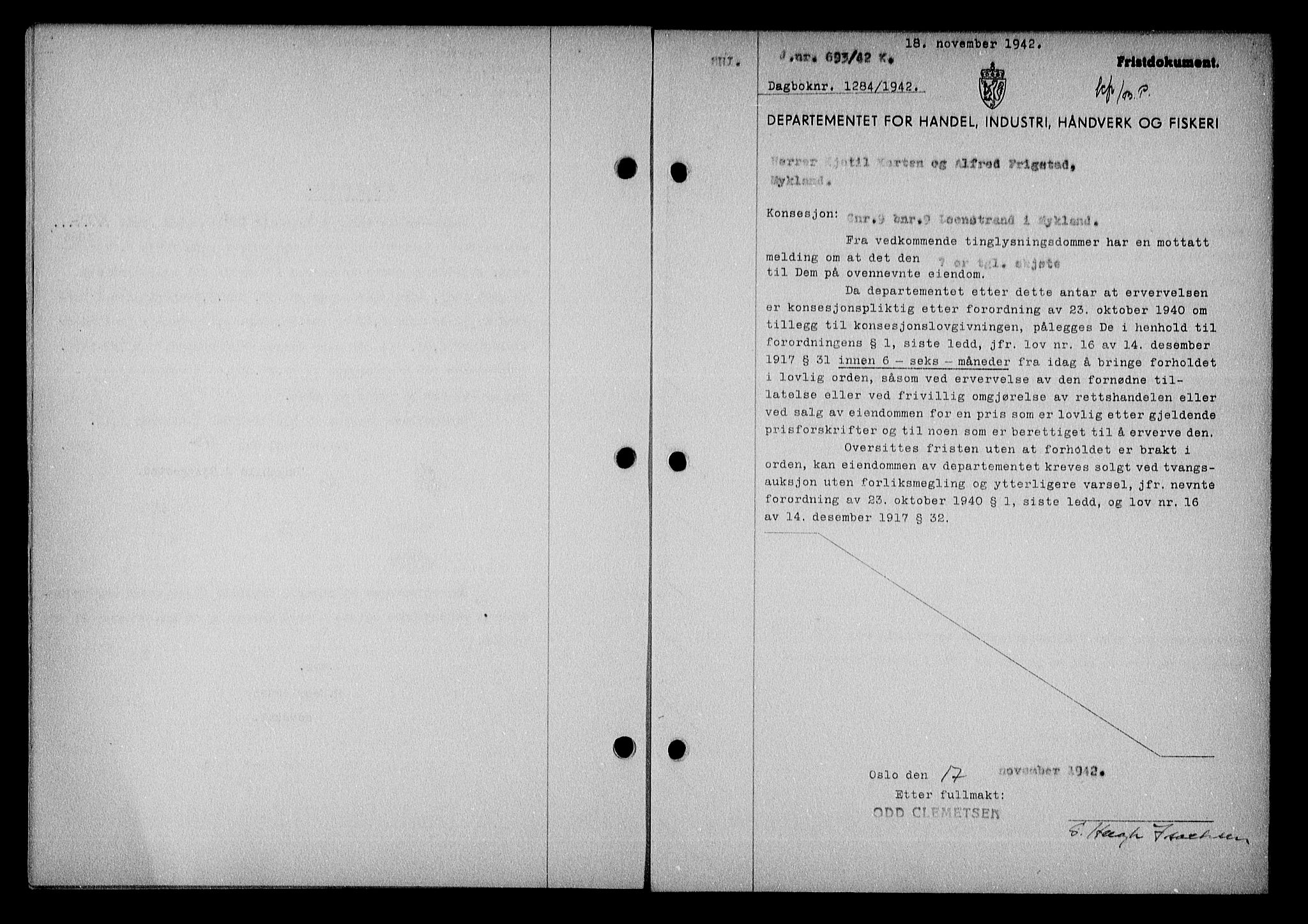 Nedenes sorenskriveri, SAK/1221-0006/G/Gb/Gba/L0050: Mortgage book no. A-IV, 1942-1943, Diary no: : 1284/1942