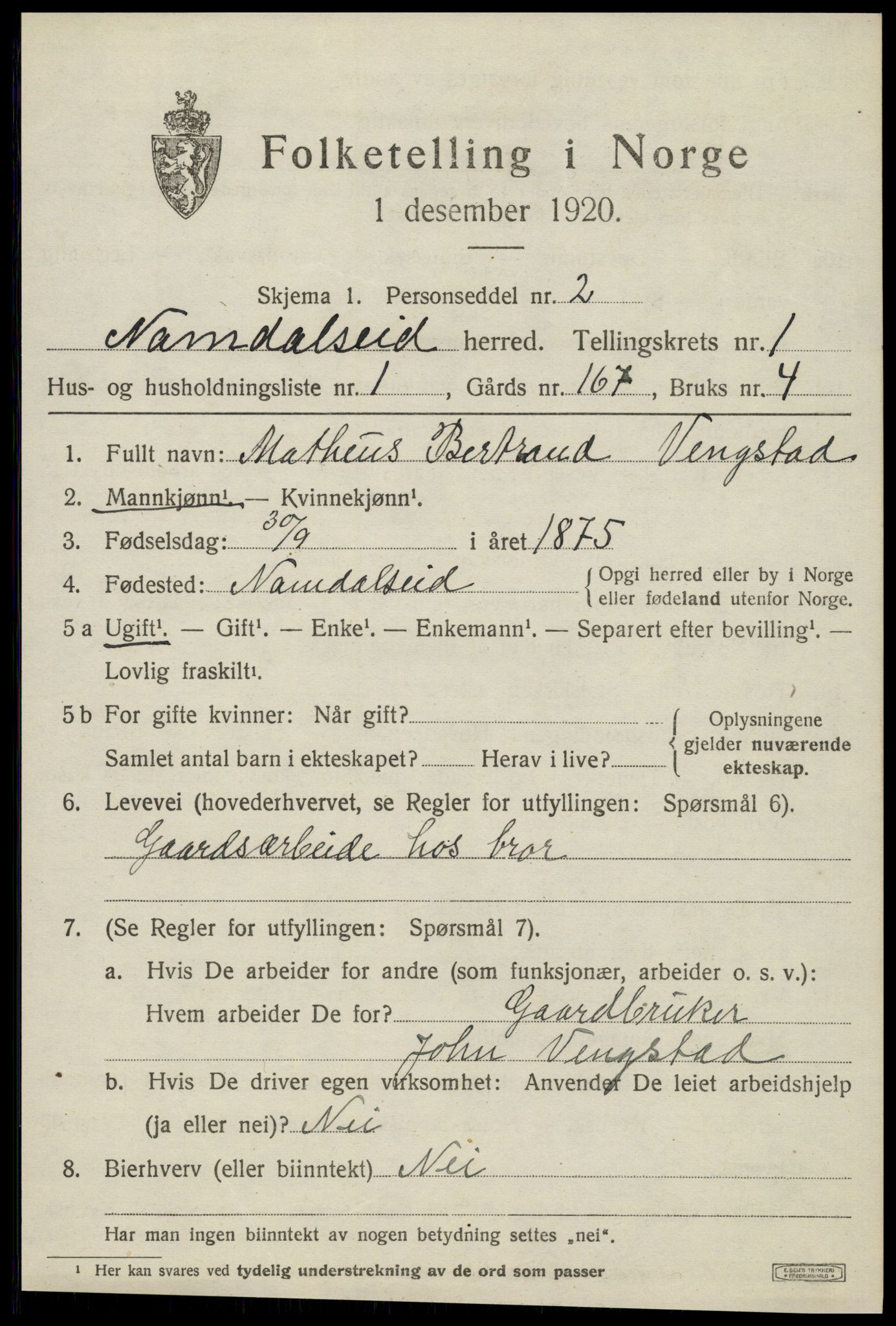 SAT, 1920 census for Namdalseid, 1920, p. 524