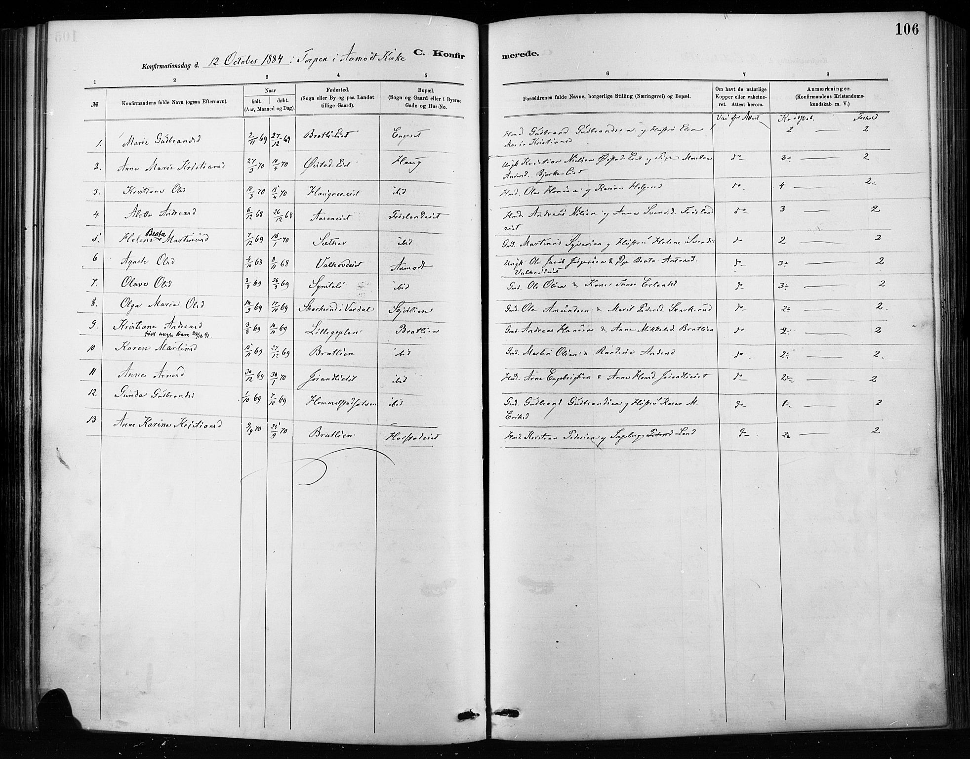 Nordre Land prestekontor, SAH/PREST-124/H/Ha/Haa/L0004: Parish register (official) no. 4, 1882-1896, p. 106