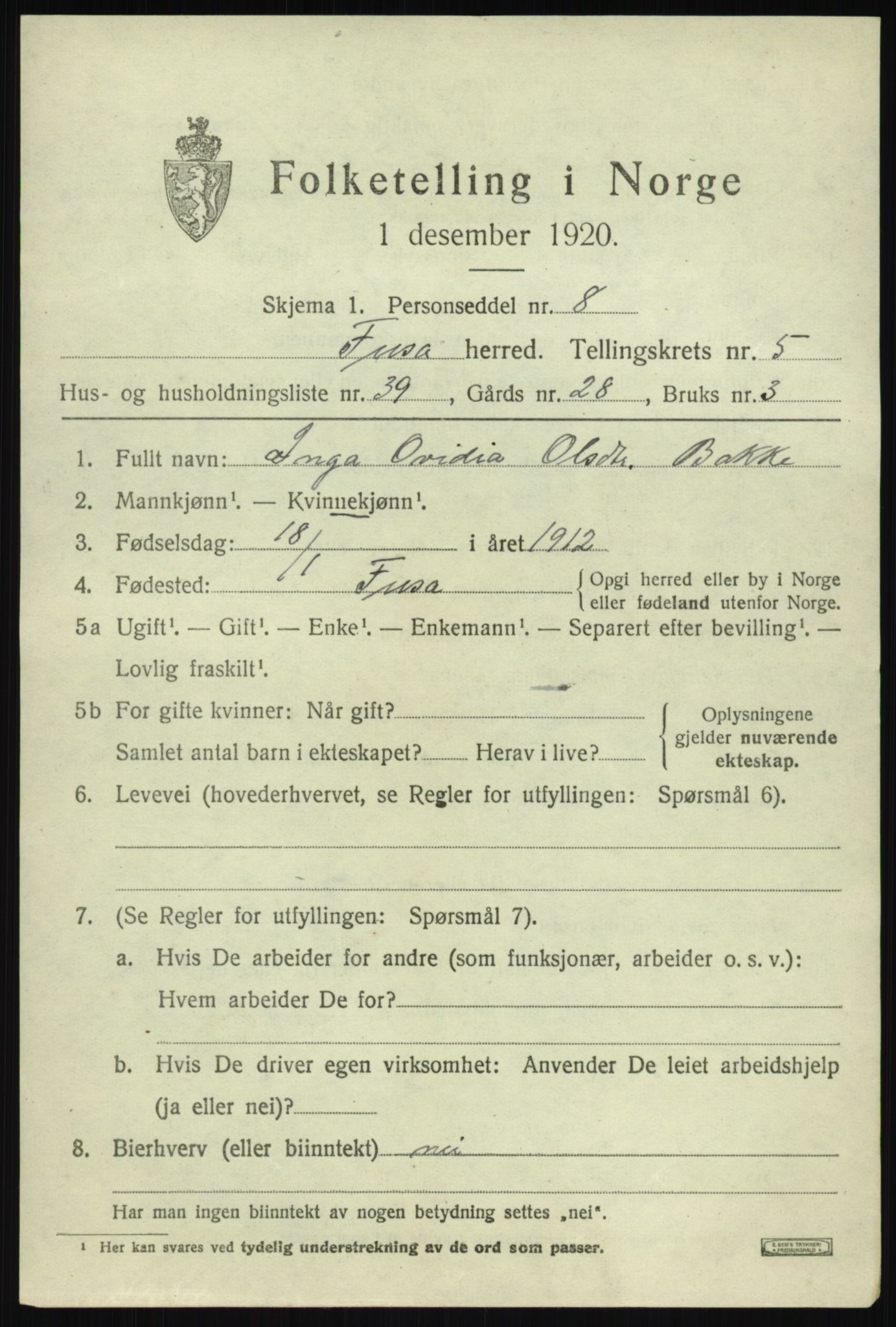 SAB, 1920 census for Fusa, 1920, p. 2451