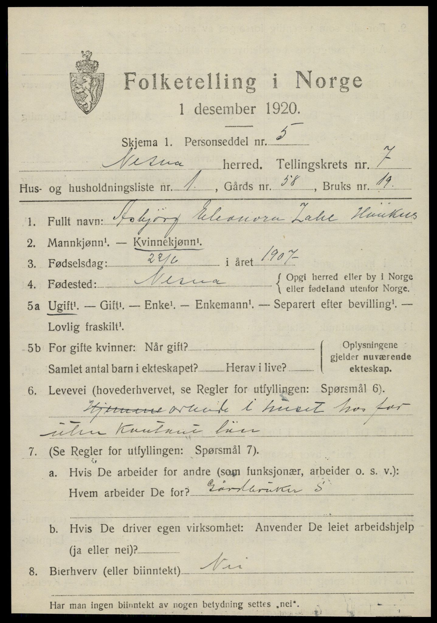 SAT, 1920 census for Nesna, 1920, p. 5203