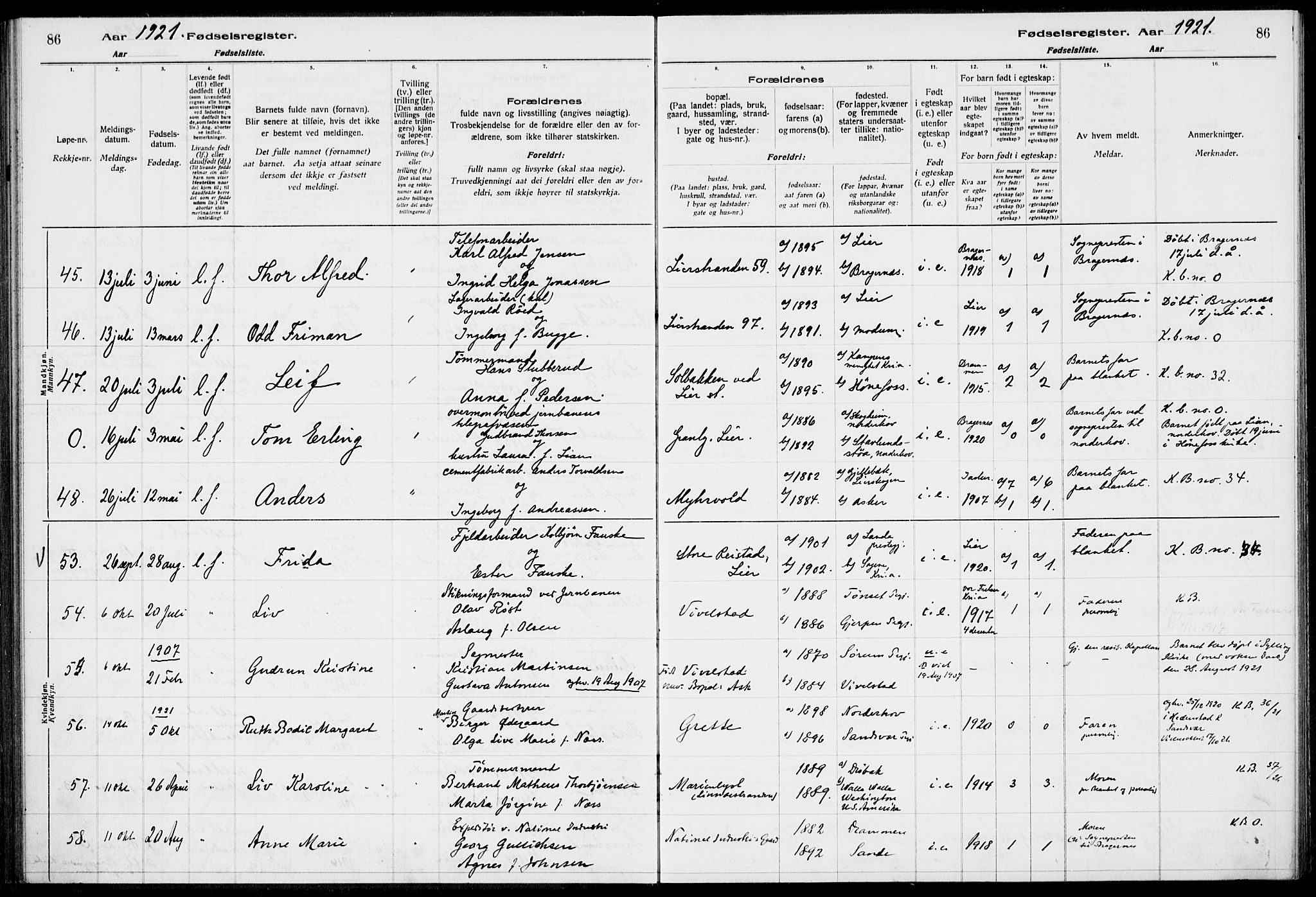 Lier kirkebøker, AV/SAKO-A-230/J/Ja/L0001: Birth register no. 1, 1916-1928, p. 86
