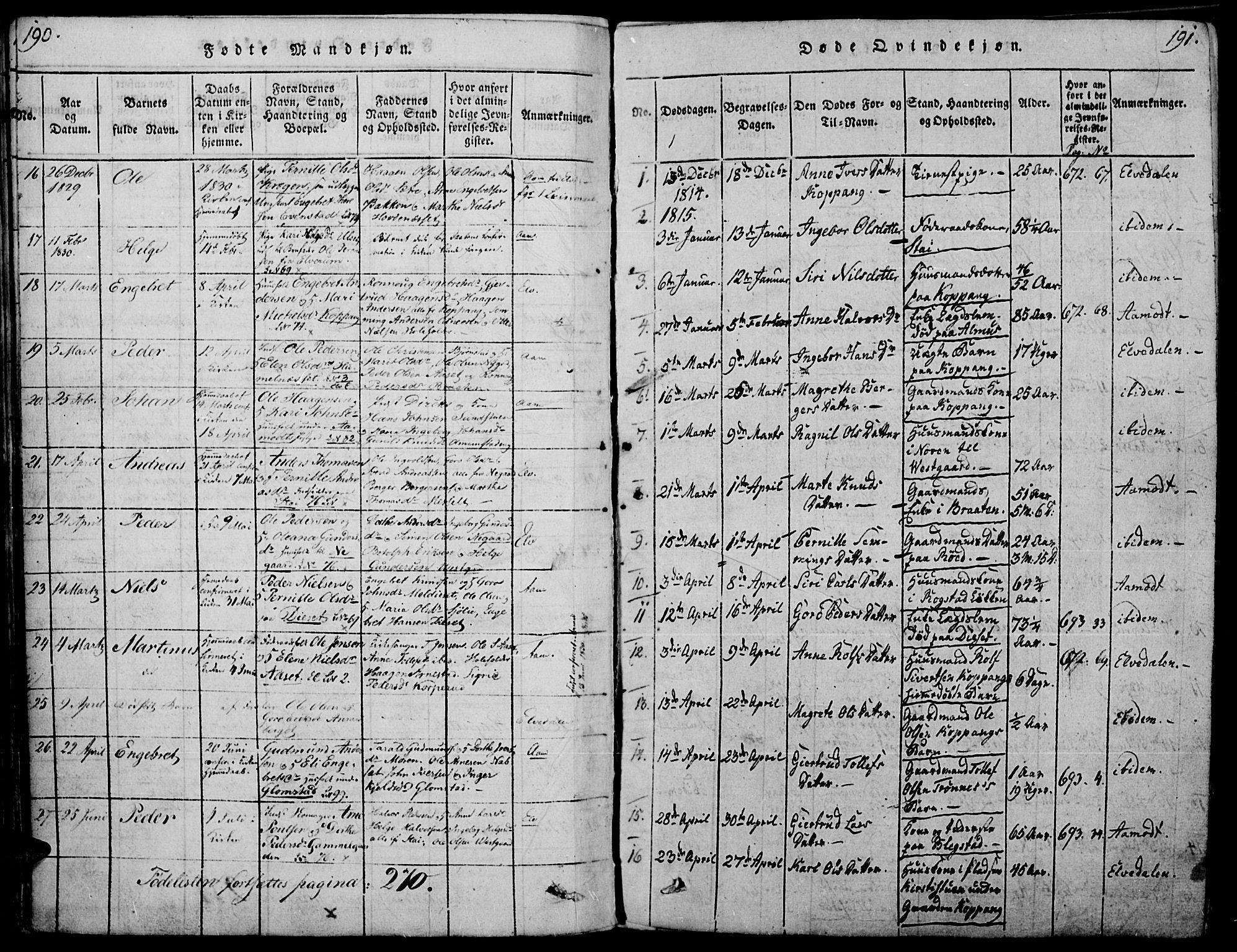 Åmot prestekontor, Hedmark, SAH/PREST-056/H/Ha/Haa/L0005: Parish register (official) no. 5, 1815-1841, p. 190-191