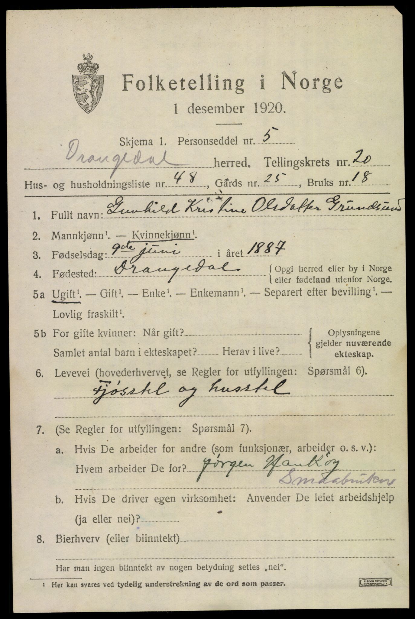 SAKO, 1920 census for Drangedal, 1920, p. 9179