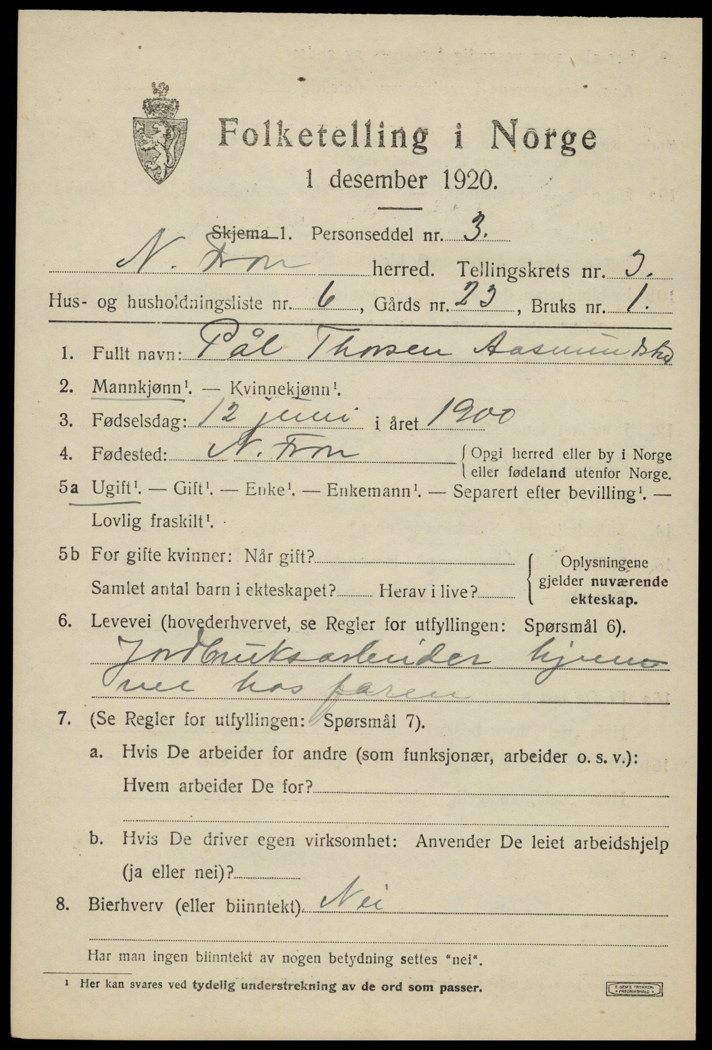 SAH, 1920 census for Nord-Fron, 1920, p. 3112