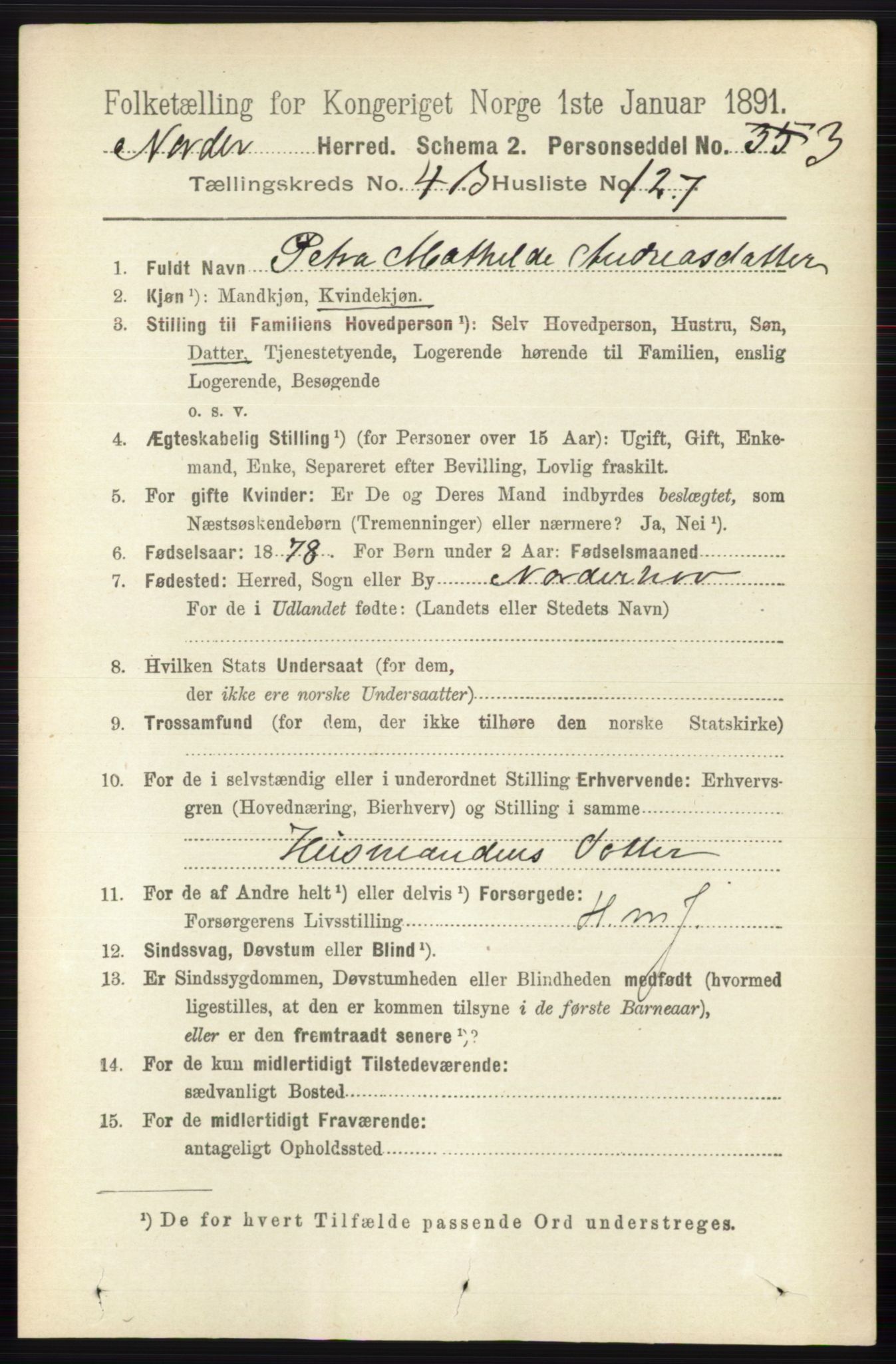 RA, 1891 census for 0613 Norderhov, 1891, p. 3427