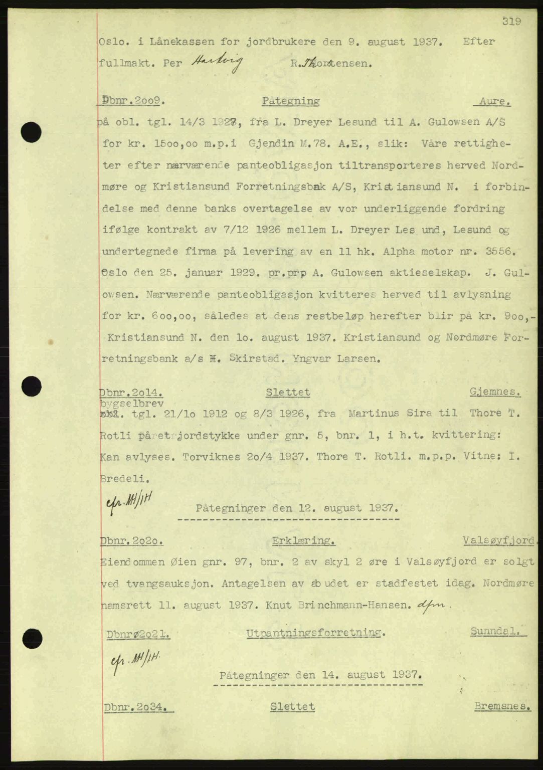 Nordmøre sorenskriveri, AV/SAT-A-4132/1/2/2Ca: Mortgage book no. C80, 1936-1939, Diary no: : 2009/1937