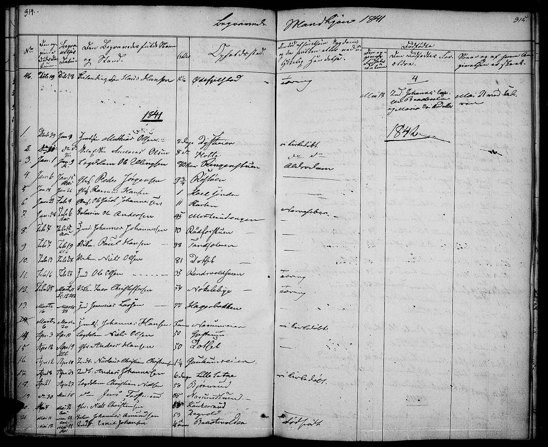 Vestre Toten prestekontor, SAH/PREST-108/H/Ha/Haa/L0003: Parish register (official) no. 3, 1836-1843, p. 314-315
