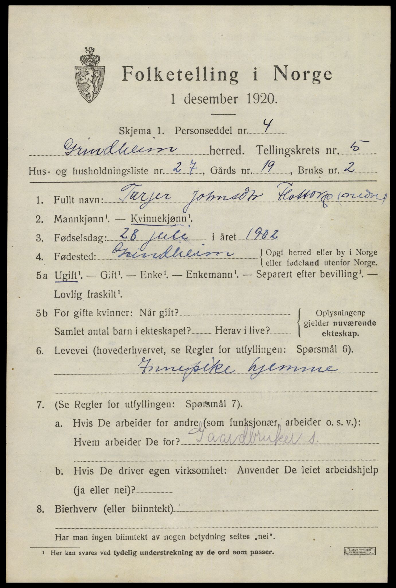 SAK, 1920 census for Grindheim, 1920, p. 1829