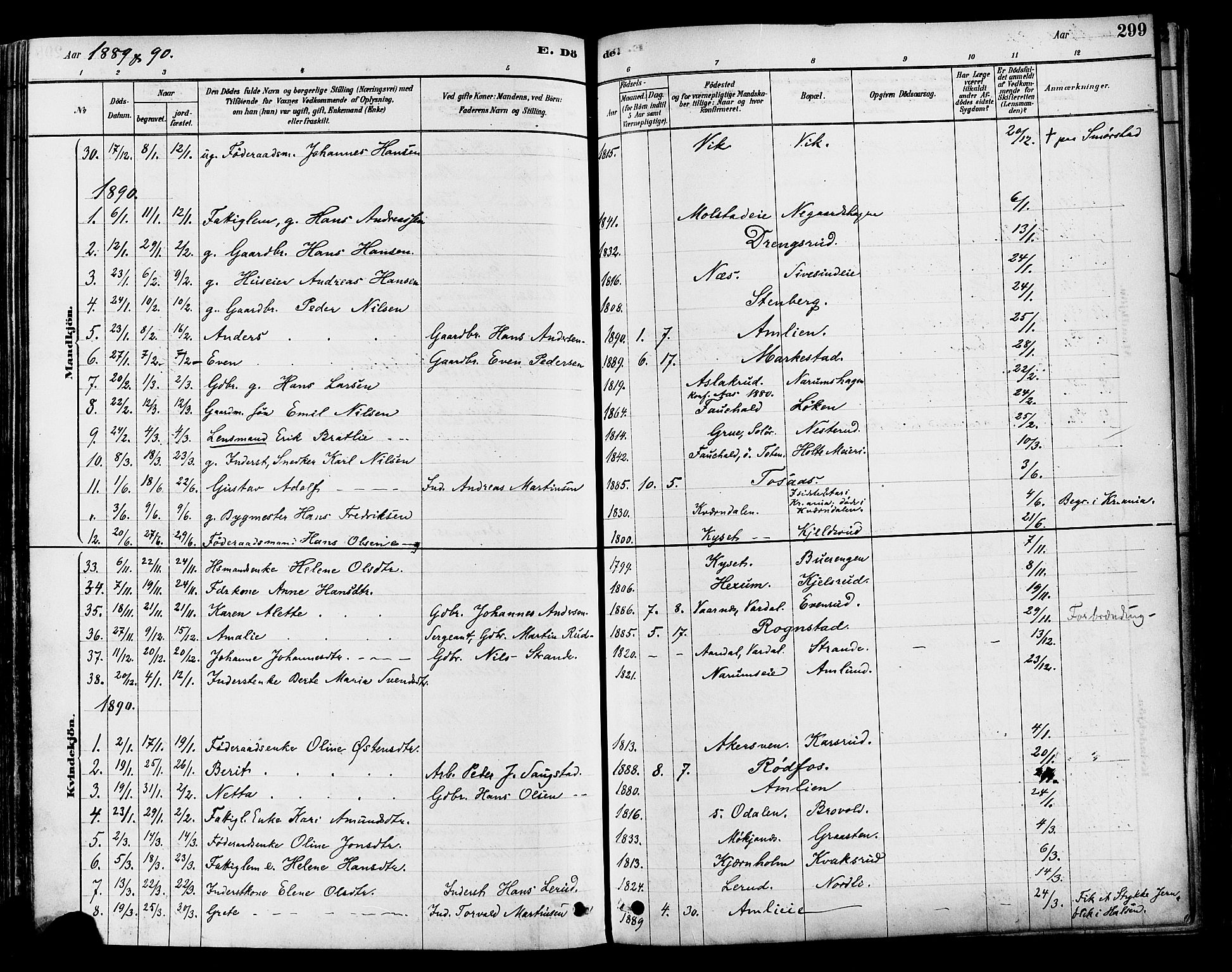 Vestre Toten prestekontor, SAH/PREST-108/H/Ha/Haa/L0009: Parish register (official) no. 9, 1878-1894, p. 299