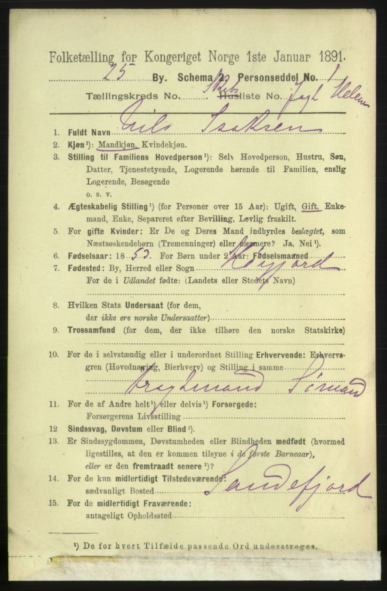 RA, 1891 census for 0801 Kragerø, 1891, p. 7637